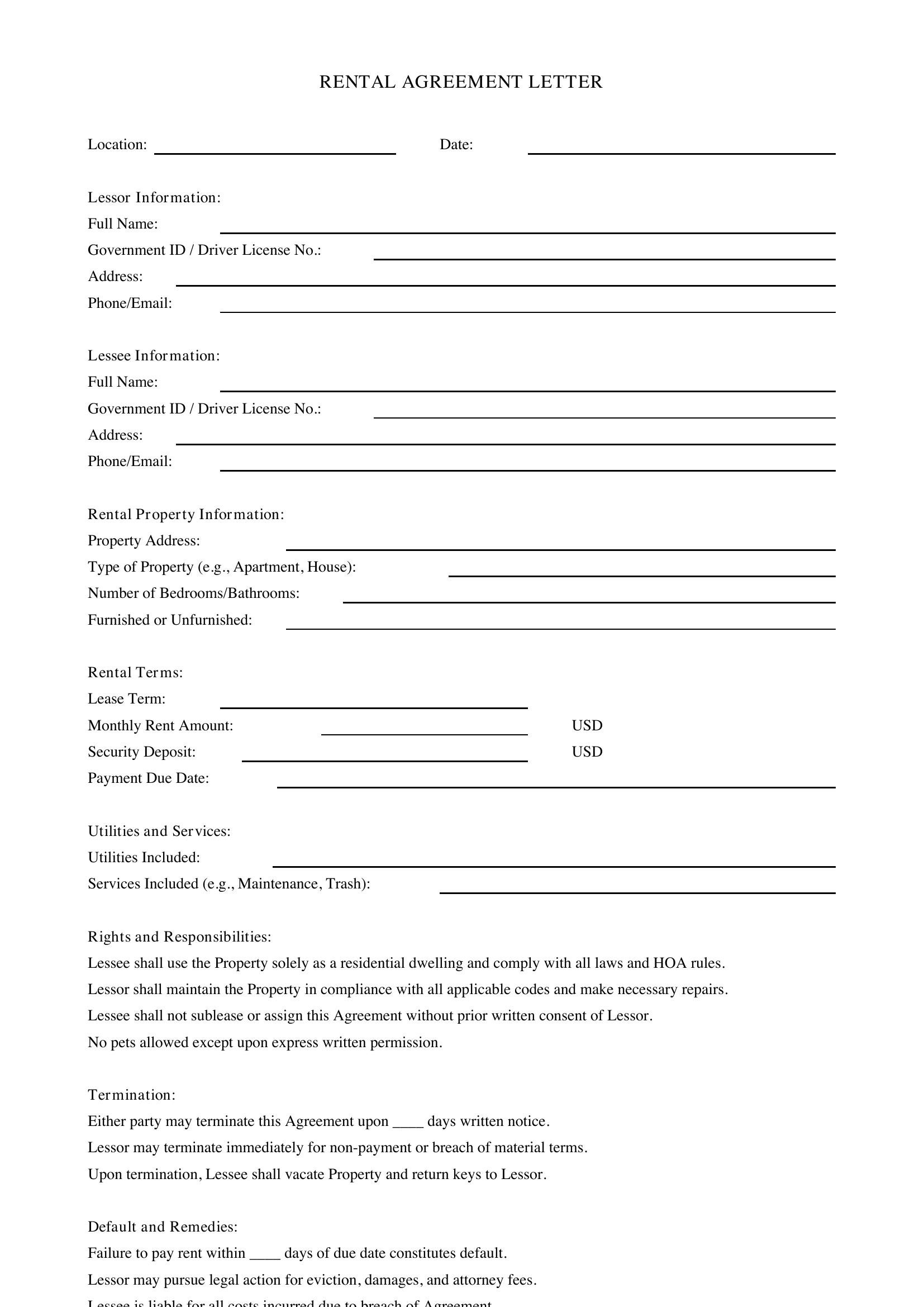 Rental Agreement Letter Template - US