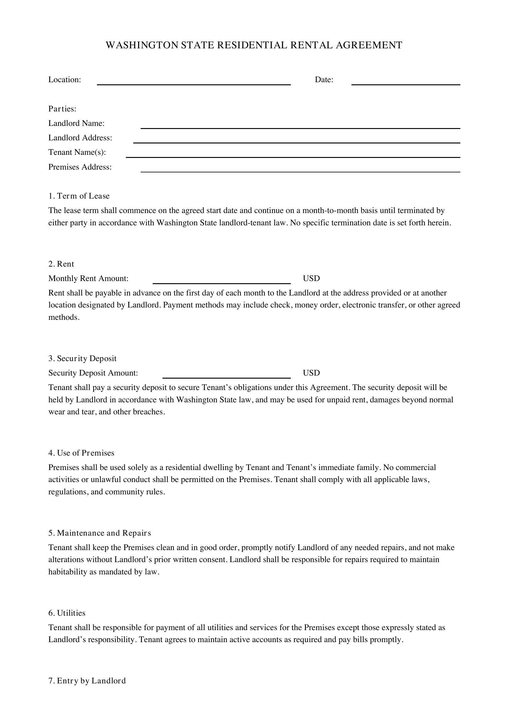 Rental Agreement Washington State Template - US