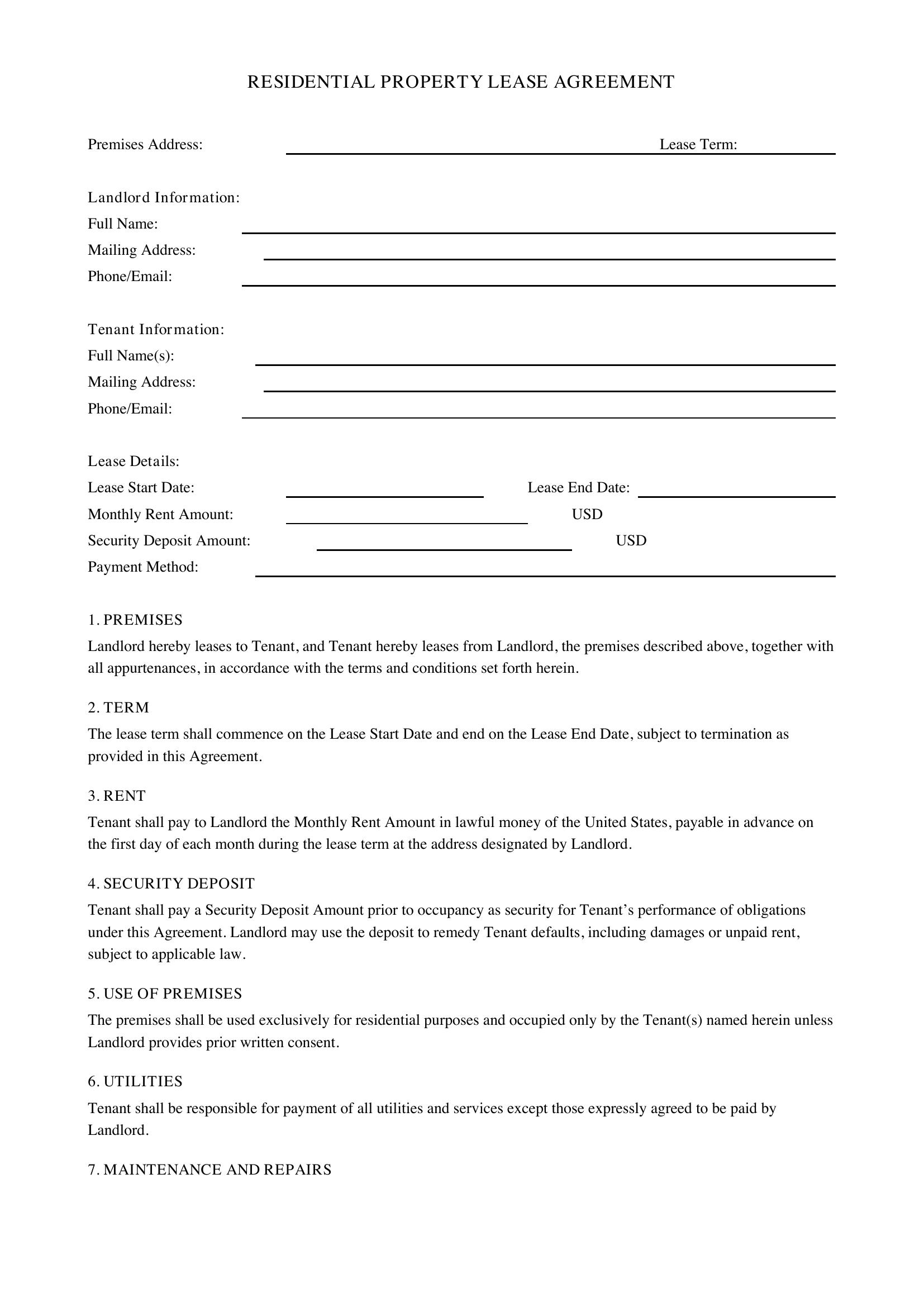 Rental Property Lease Agreement Template - US