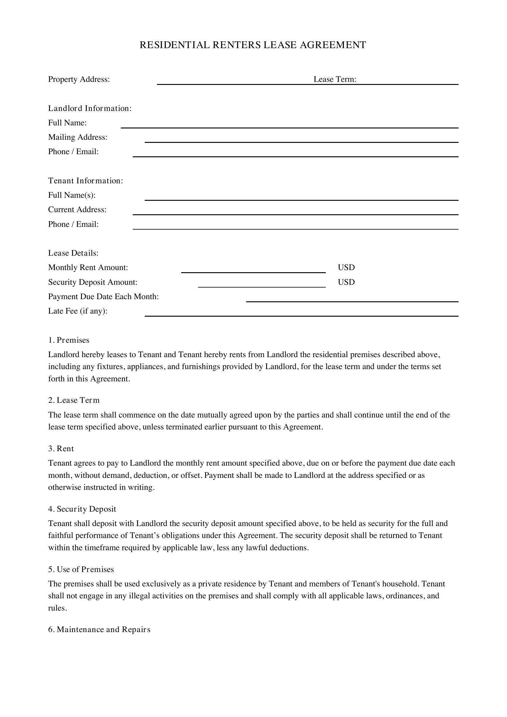 Renters Lease Agreement Template - US