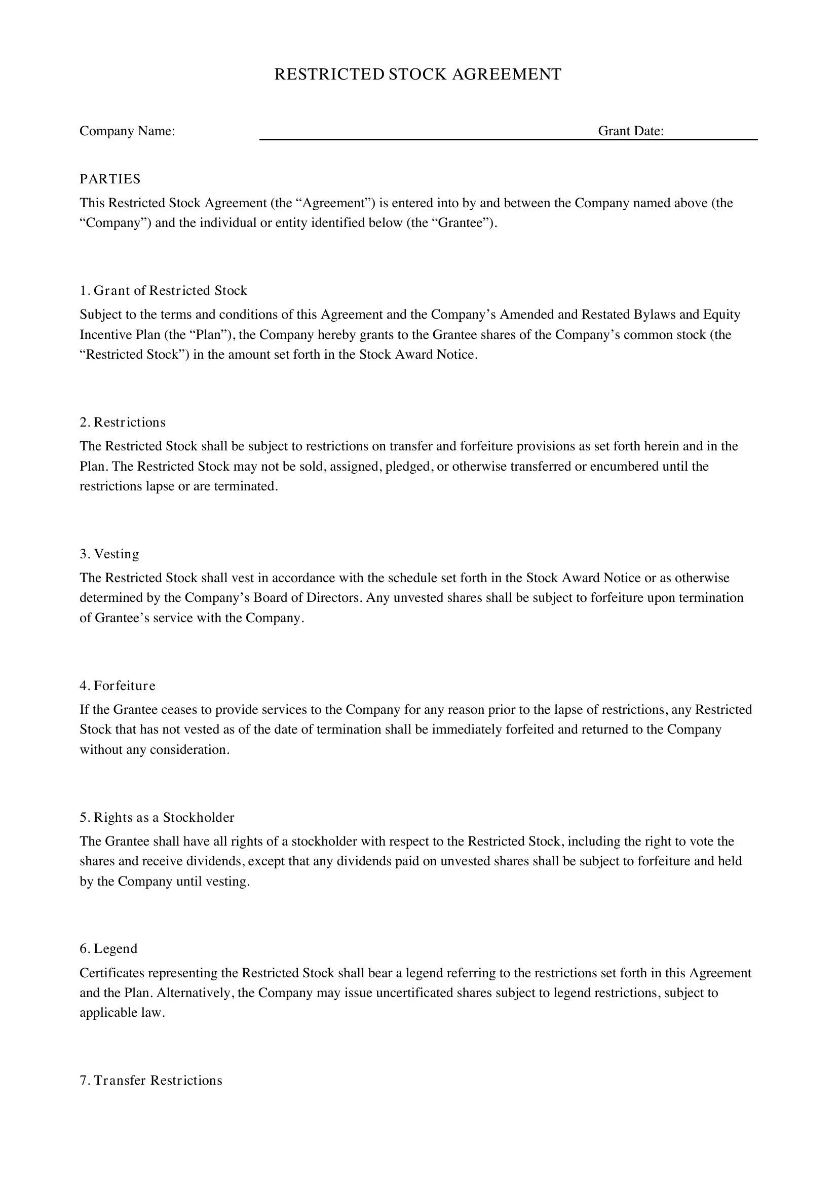 Restricted Stock Agreement Template - US