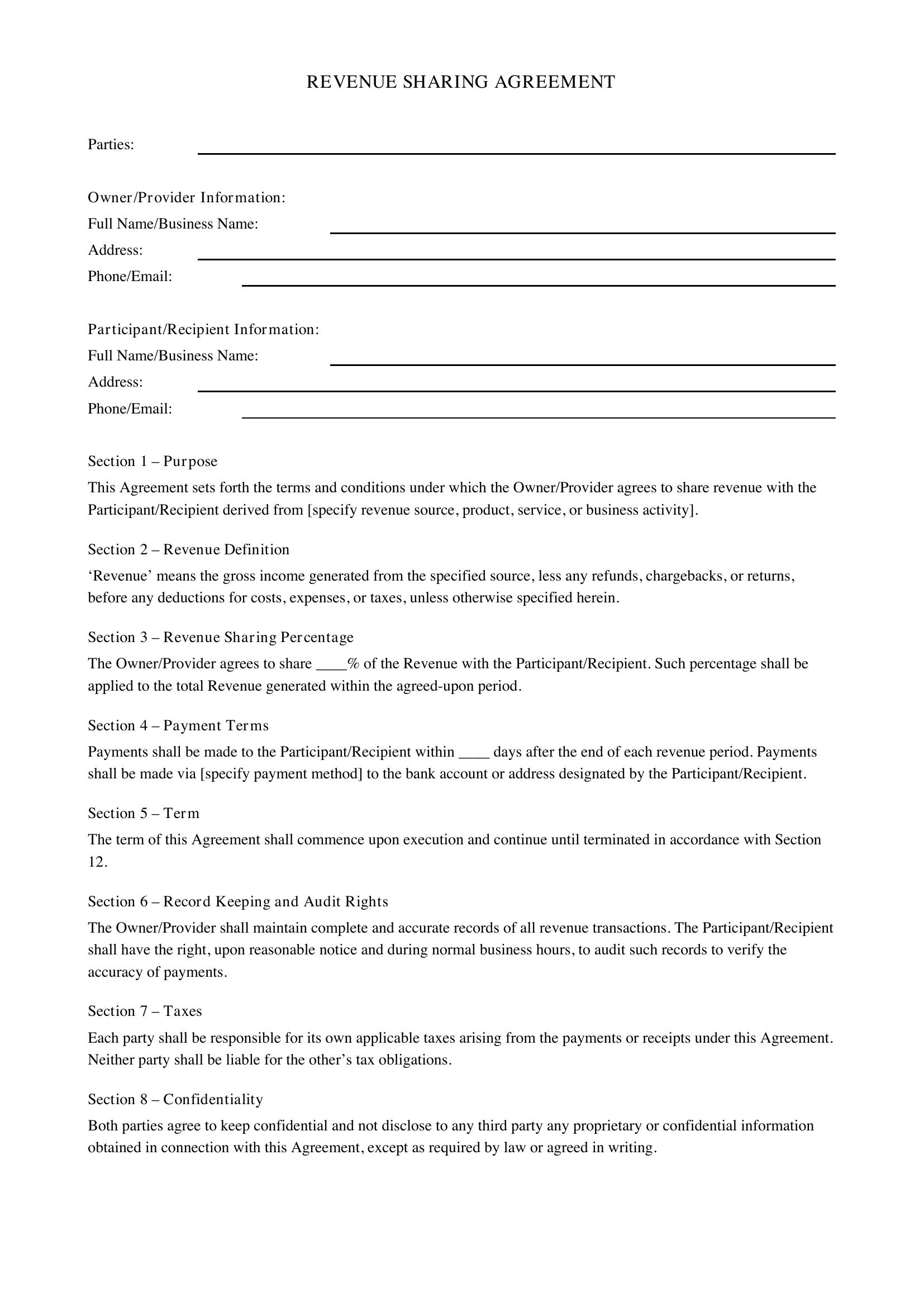 Revenue Sharing Agreement Template - US