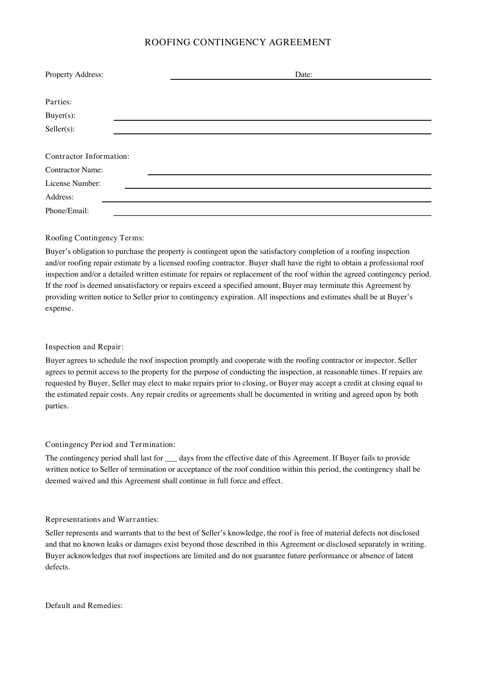 Roofing Contingency Agreement Template - US