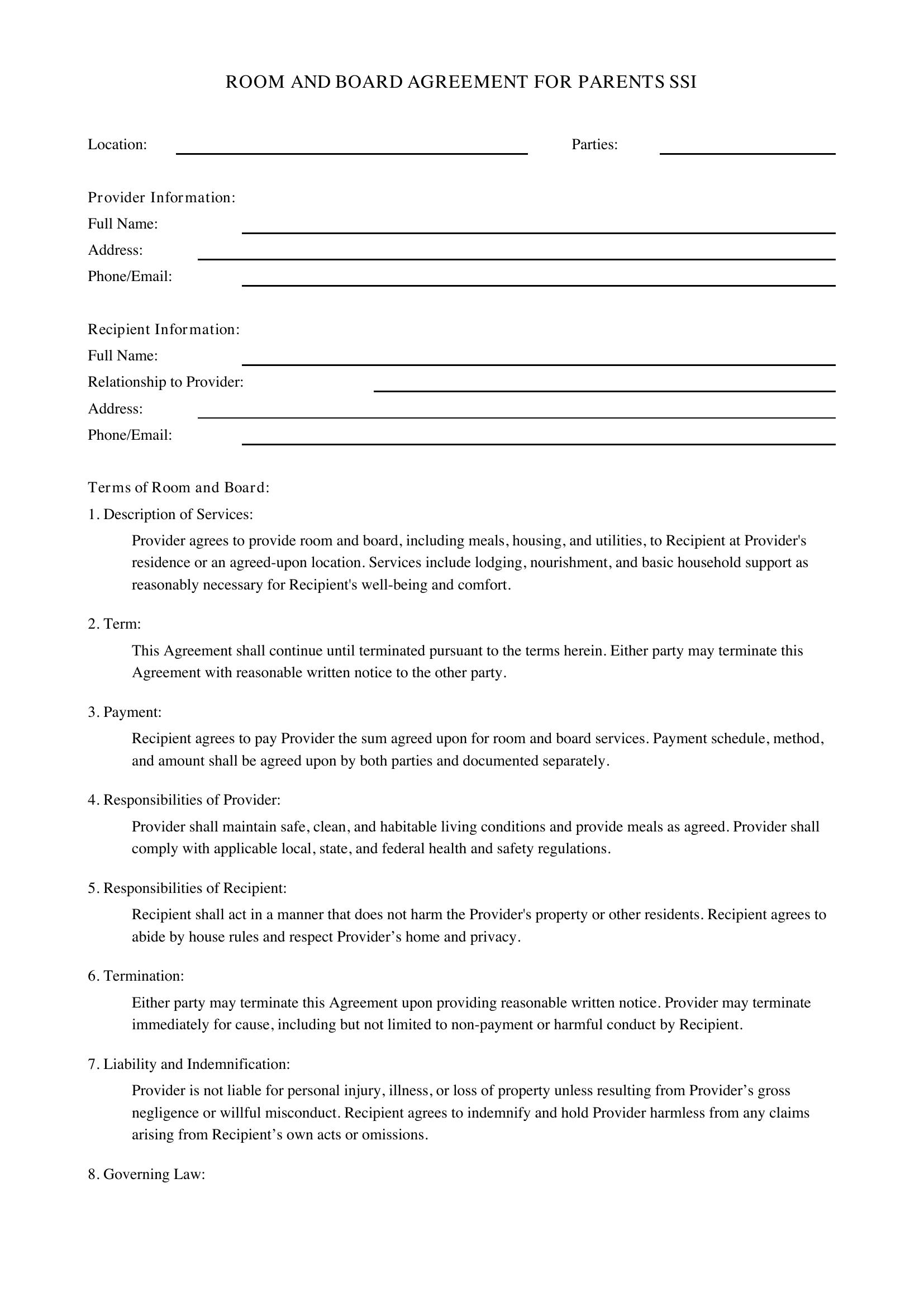 Room And Board Agreement For Parents Ssi Template - US