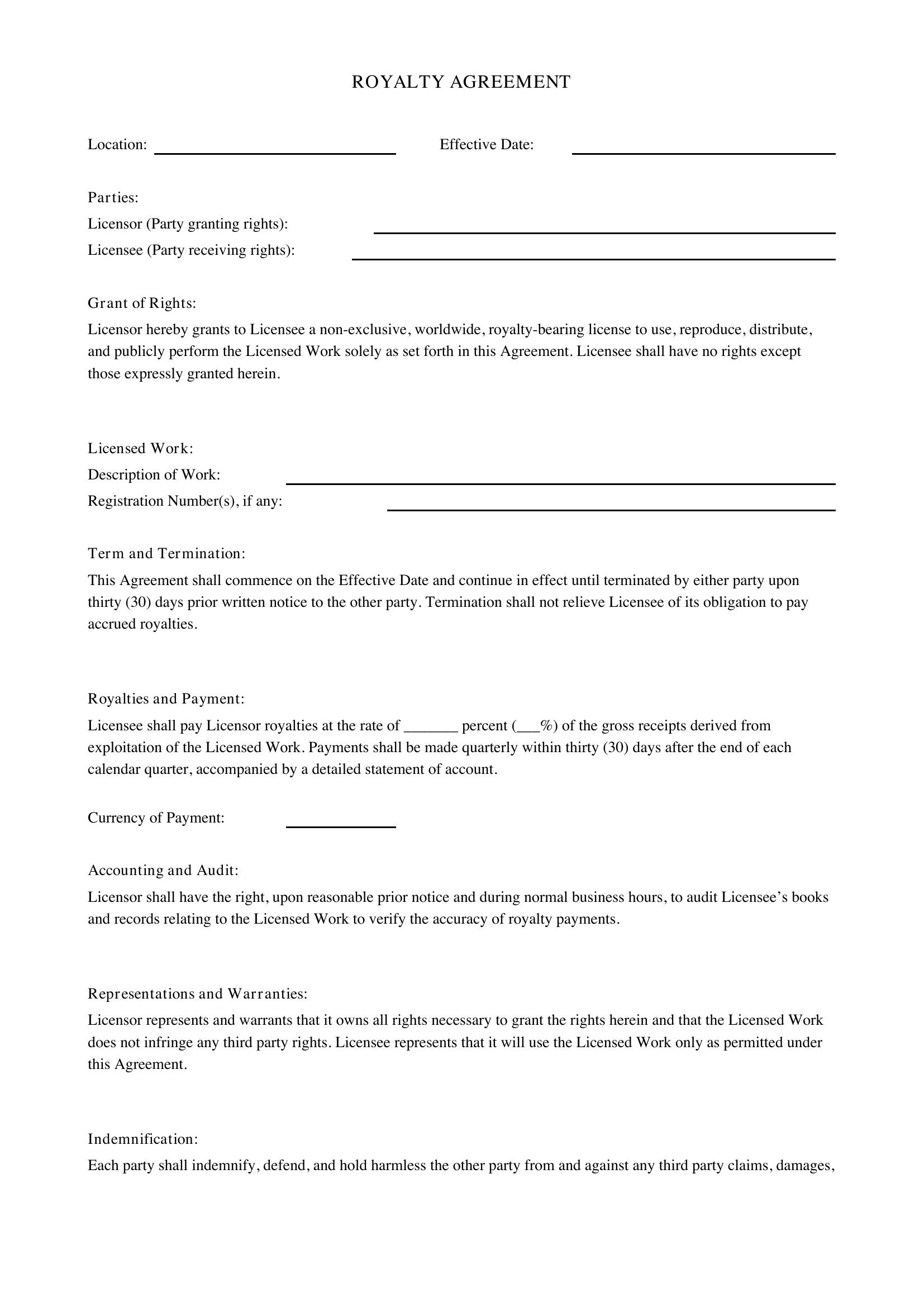 Royalty Agreement Template - US