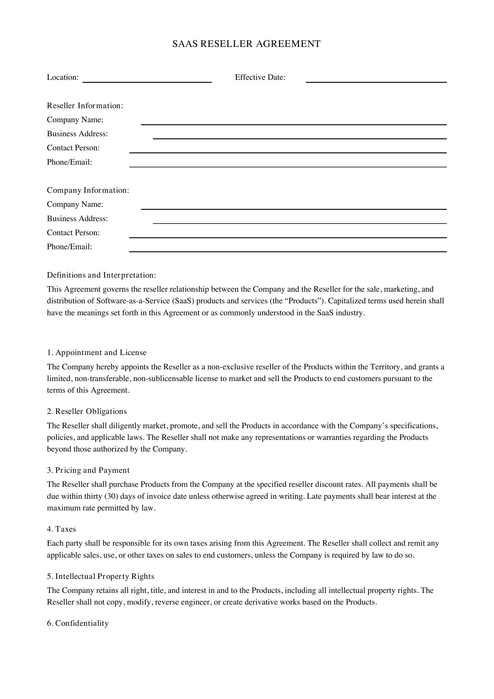 Saas Reseller Agreement Template - US