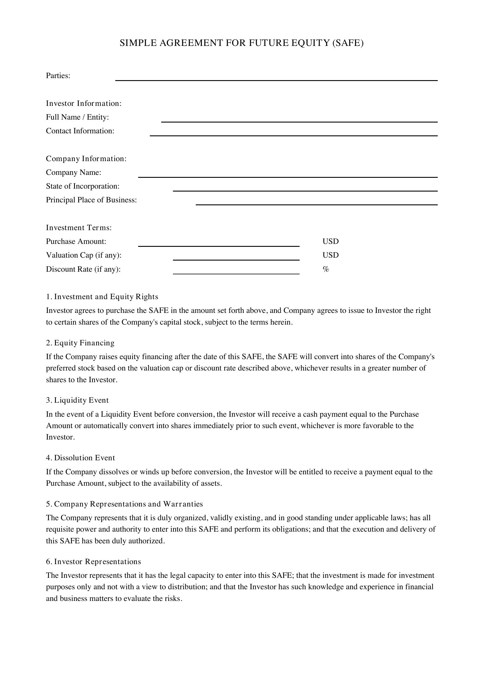 Safe Agreement Template - US
