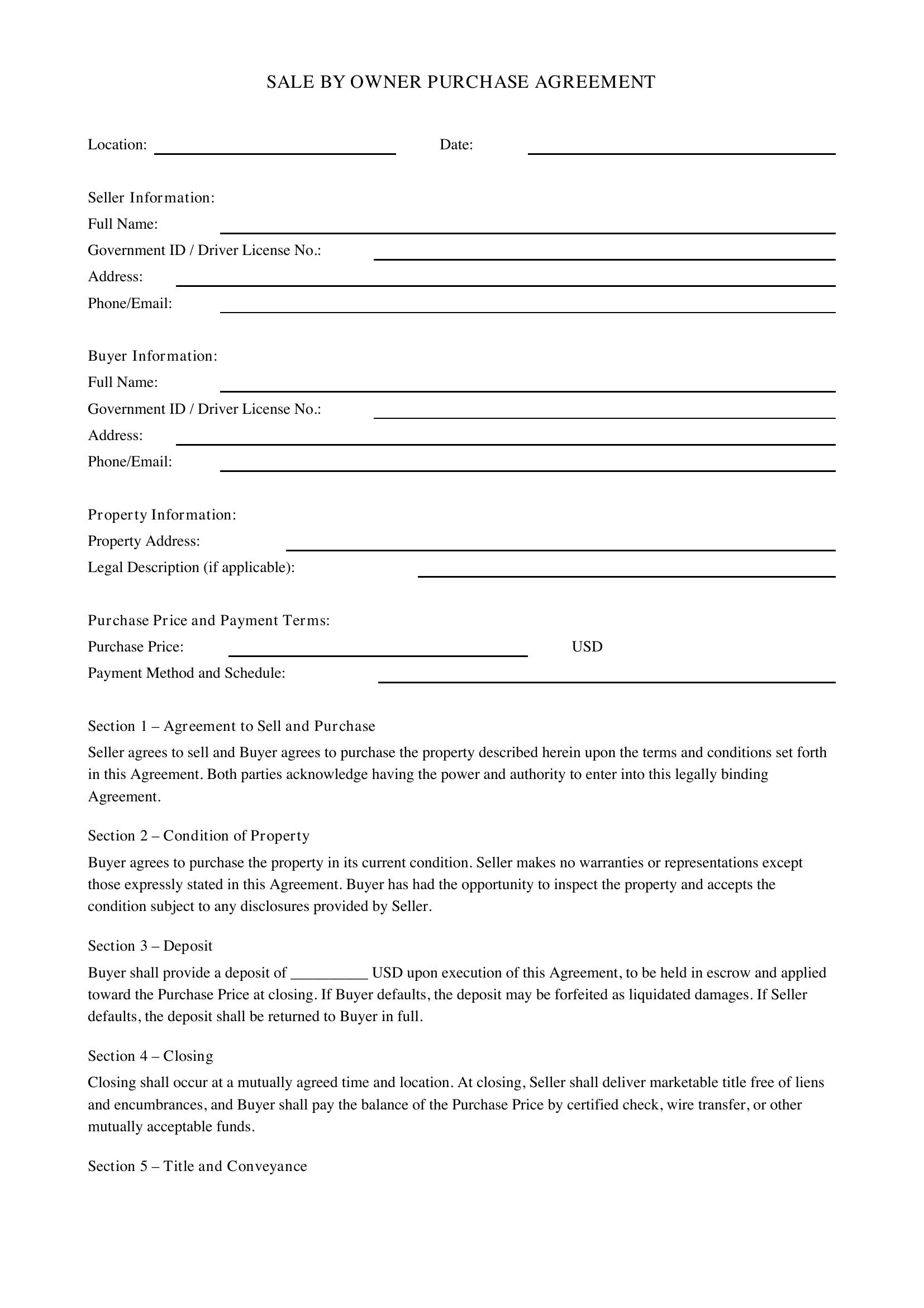 Sale By Owner Purchase Agreement Template - US