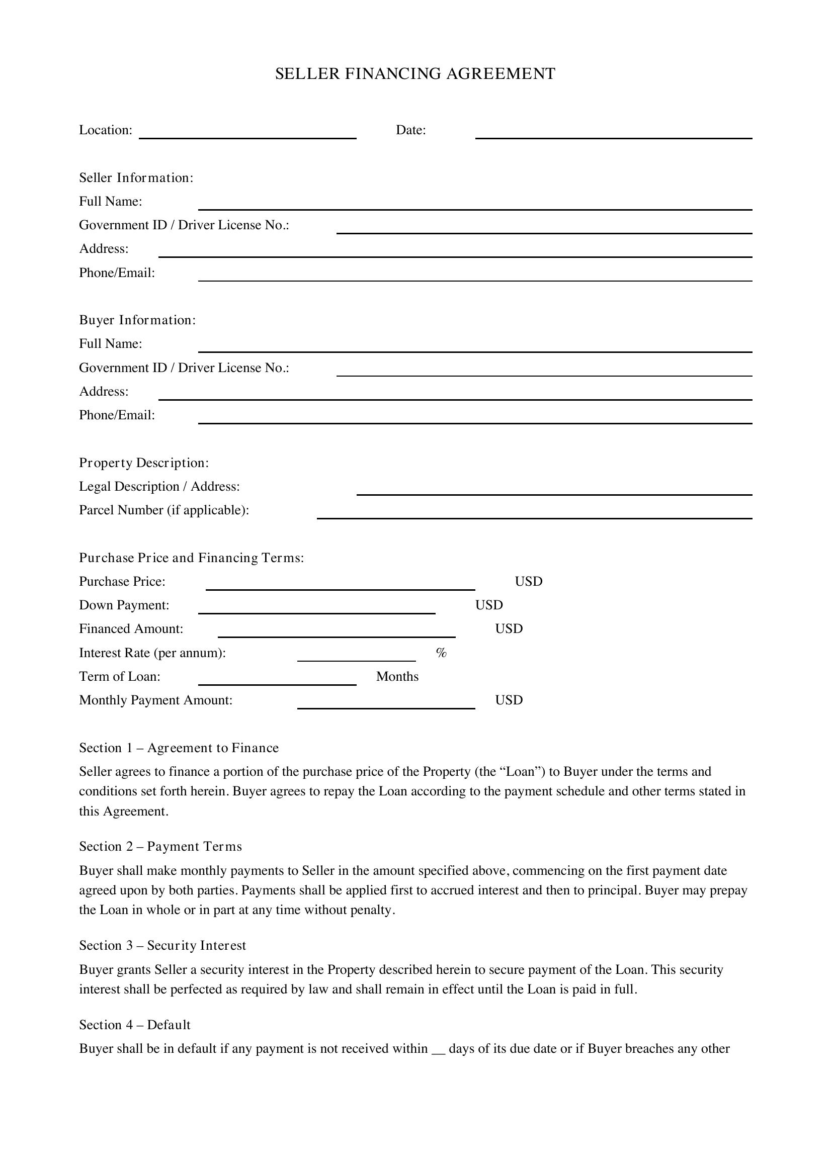 Seller Financing Agreement Template - US