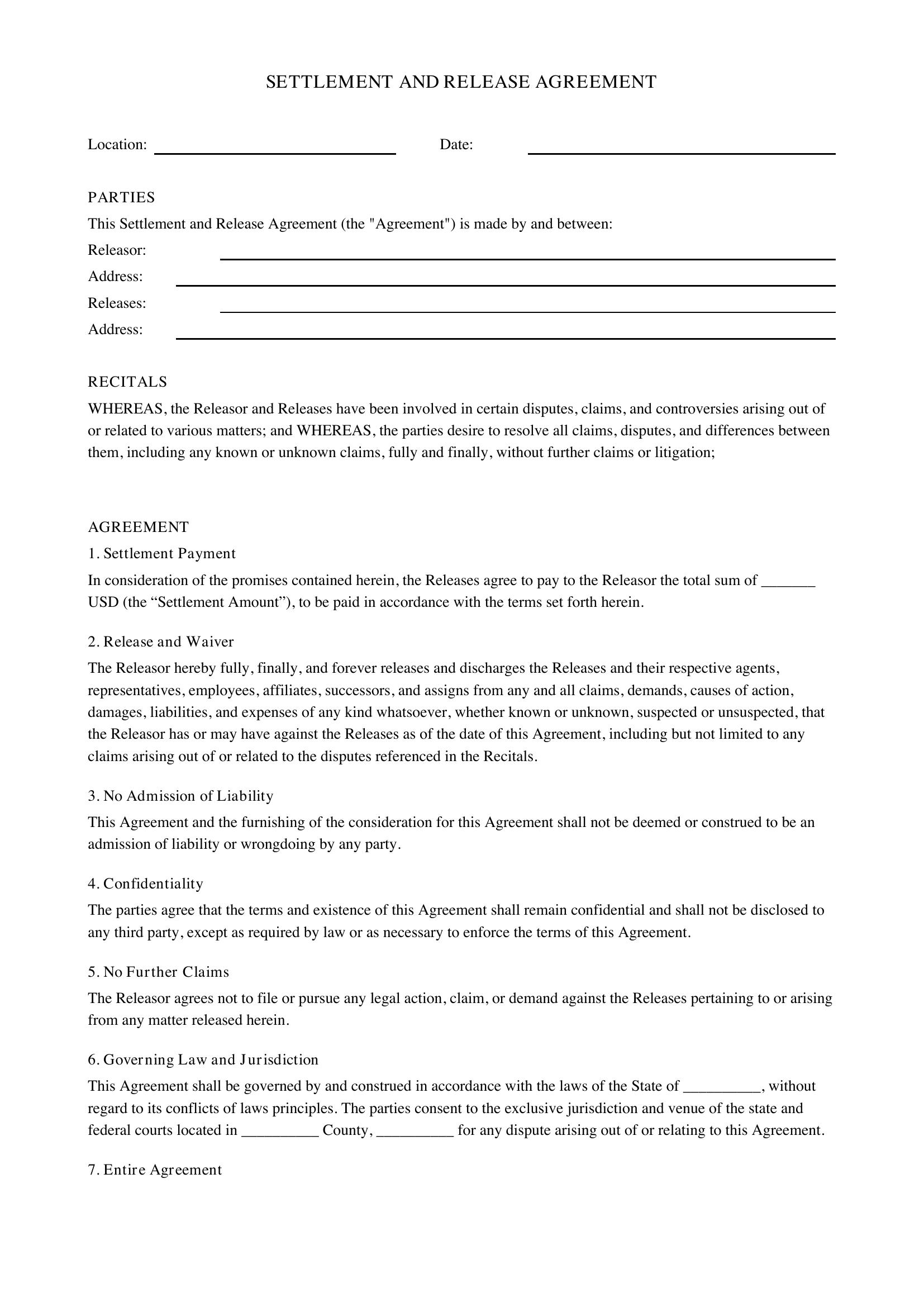Settlement And Release Agreement Template - US