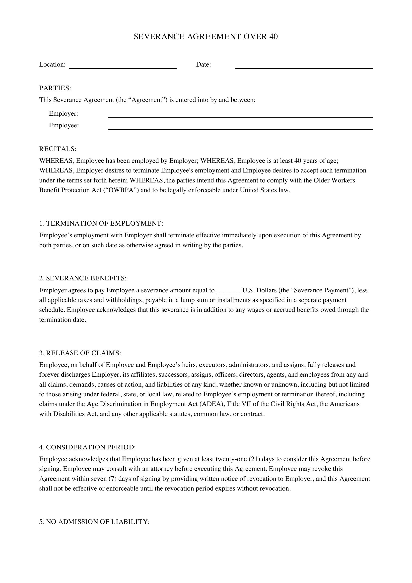 Severance Agreement Over 40 Template - US