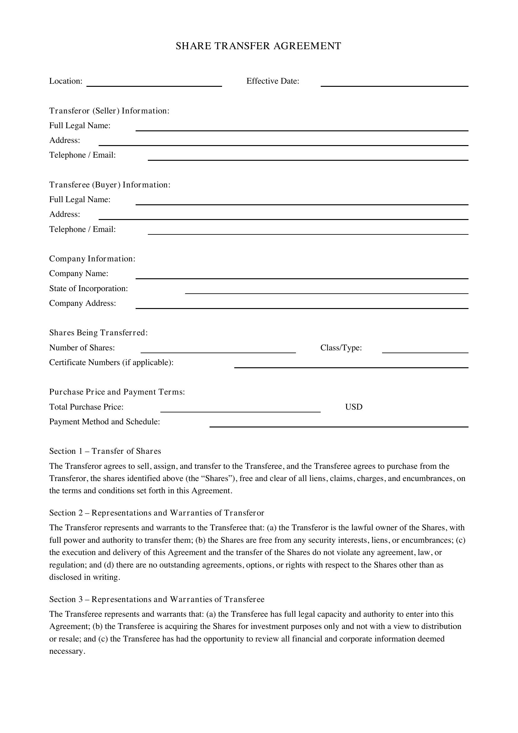 Share Transfer Agreement Template - US