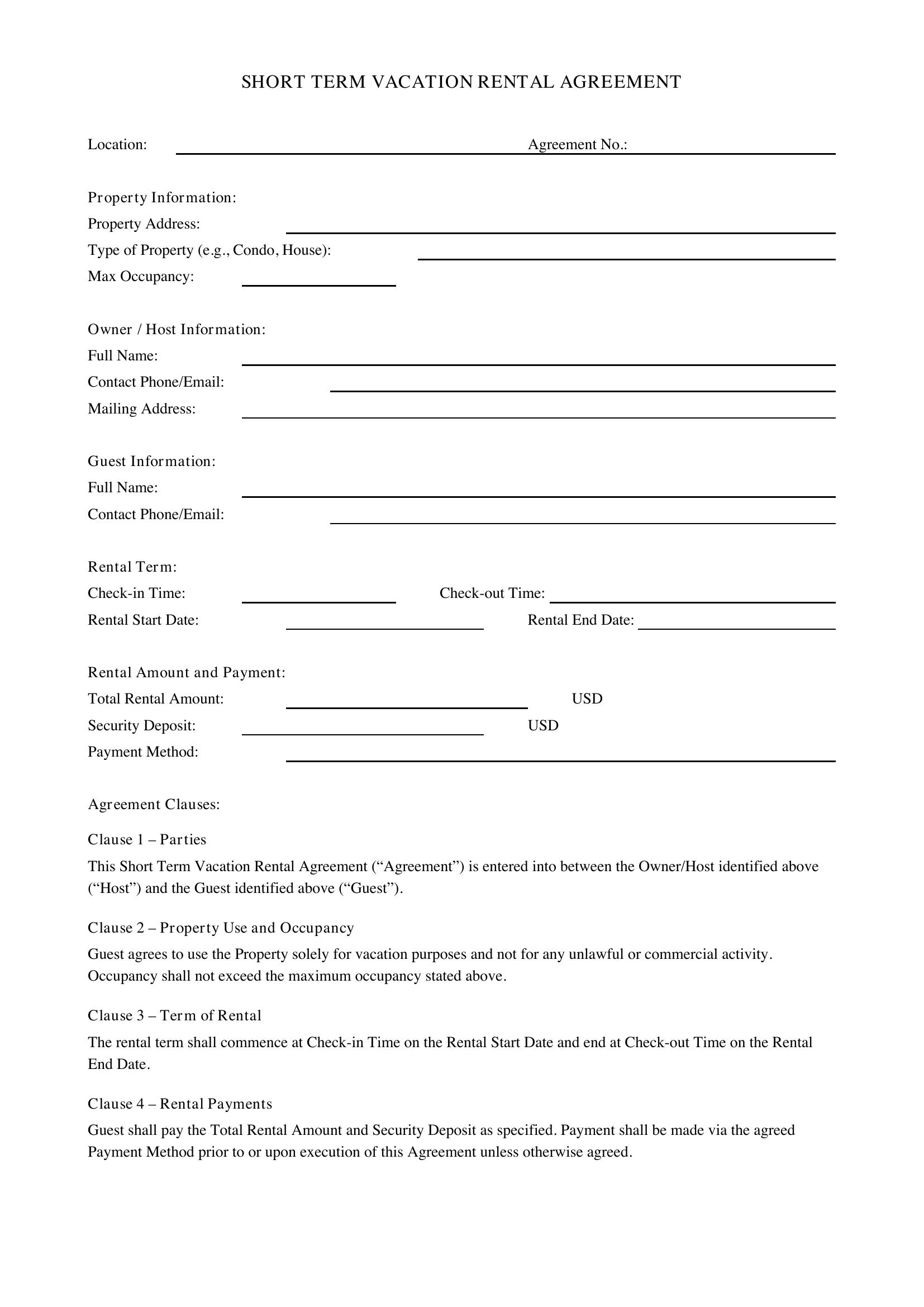 Short Term Vacation Rental Agreement Template - US