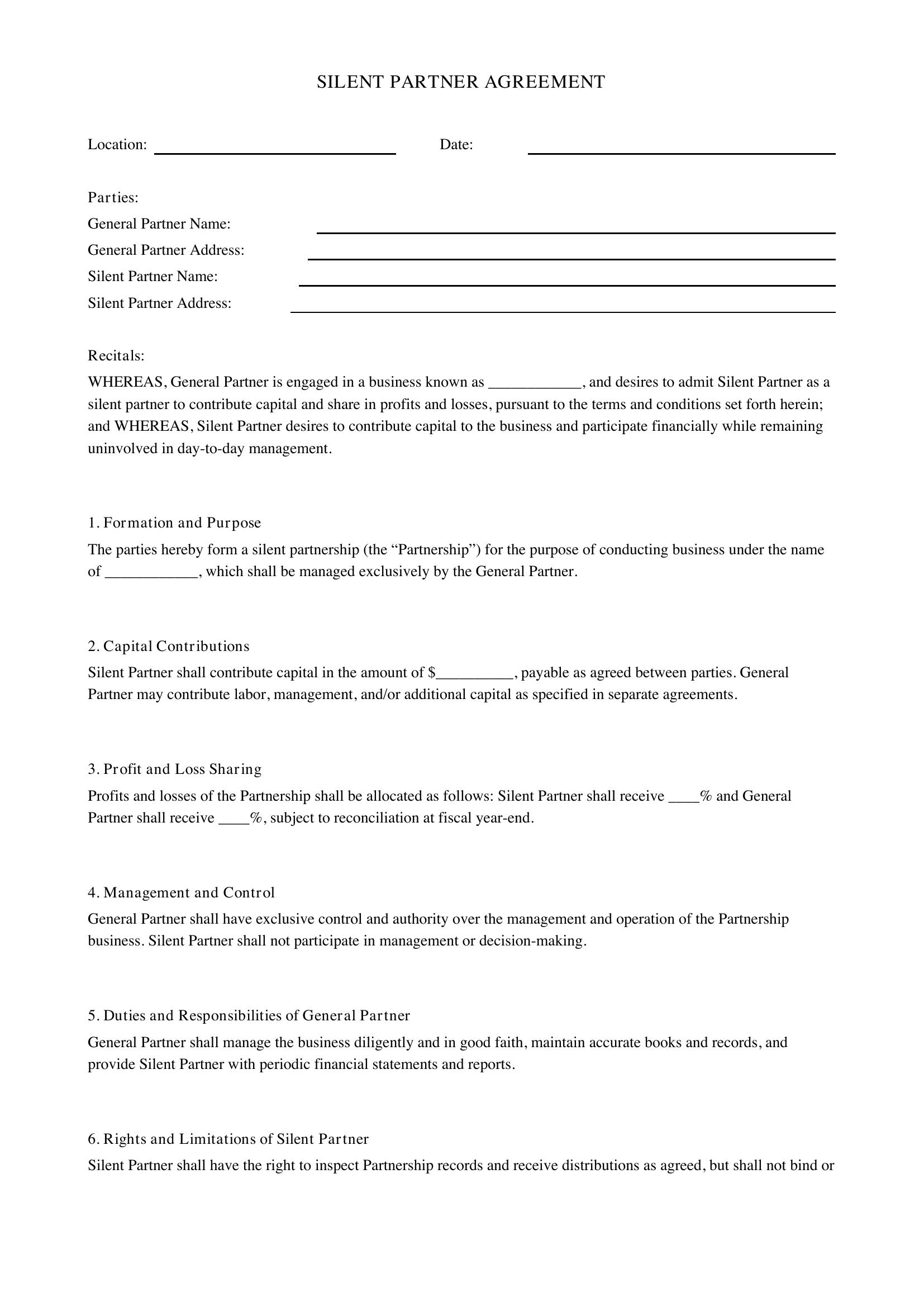 Silent Partner Agreement Template - US