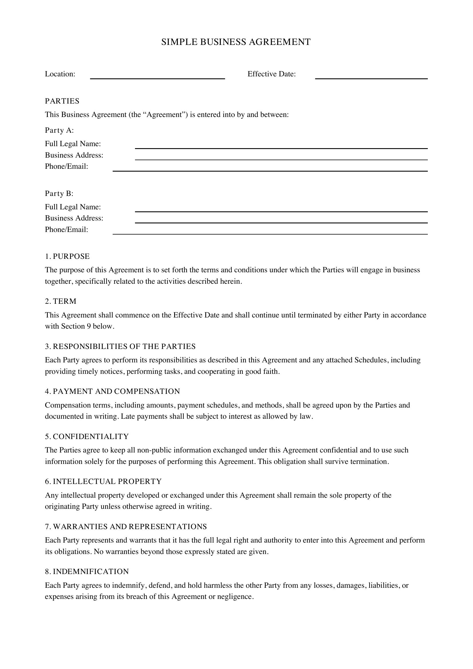 Simple Business Agreement Template - US