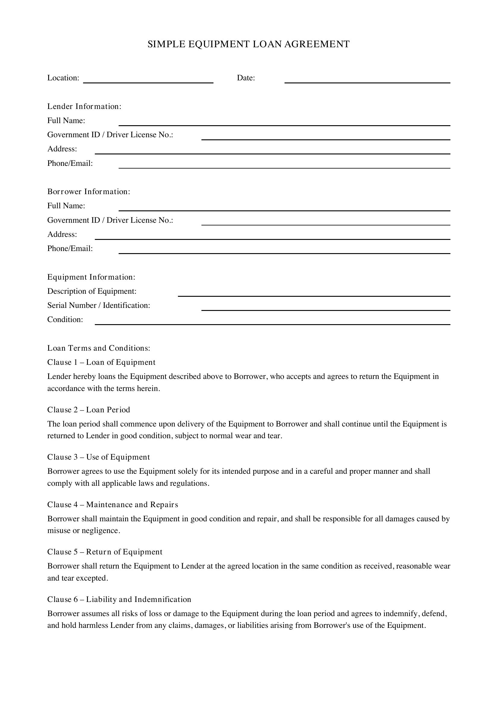 Simple Equipment Loan Agreement Template - US