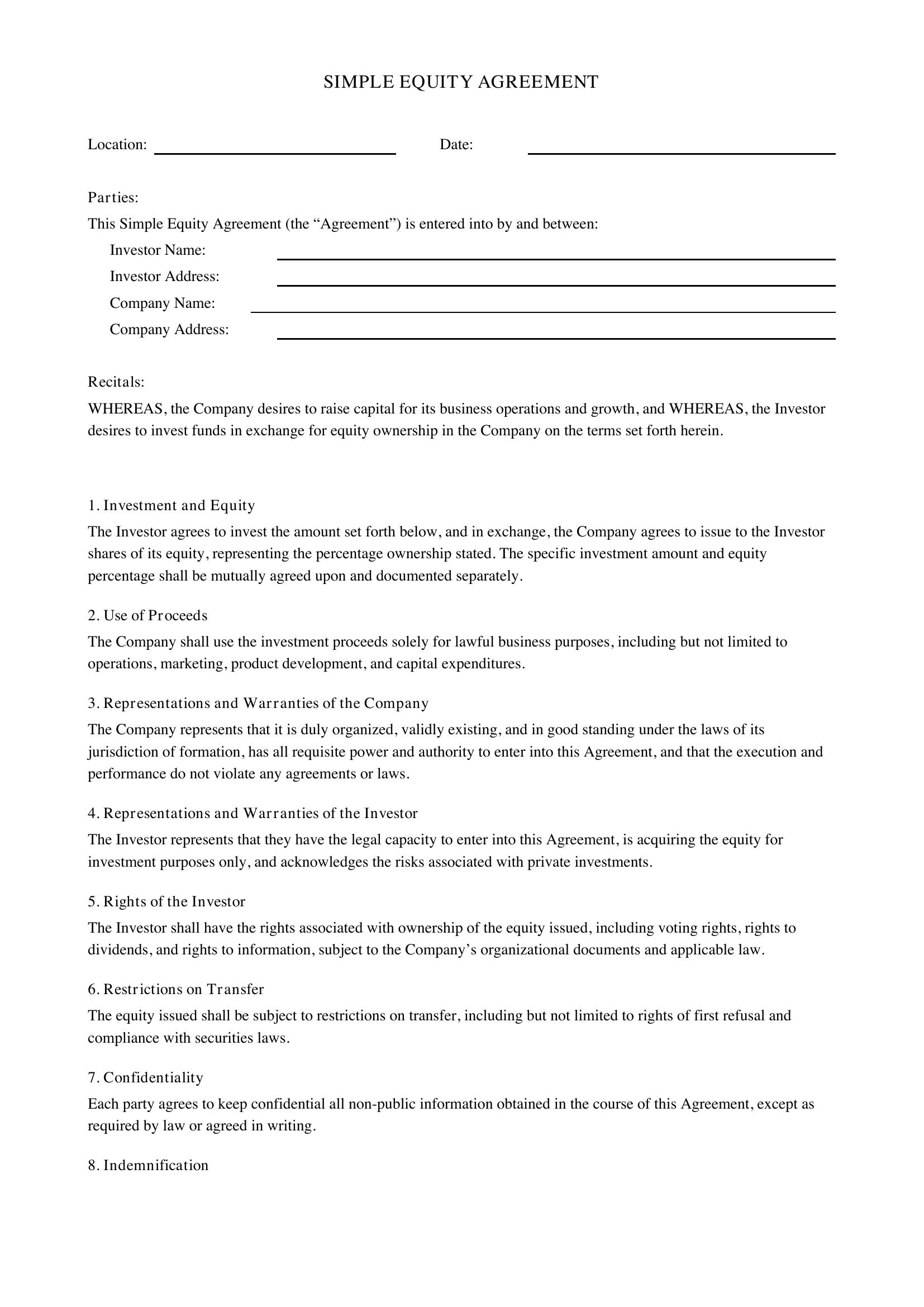 Simple Equity Agreement Template - US