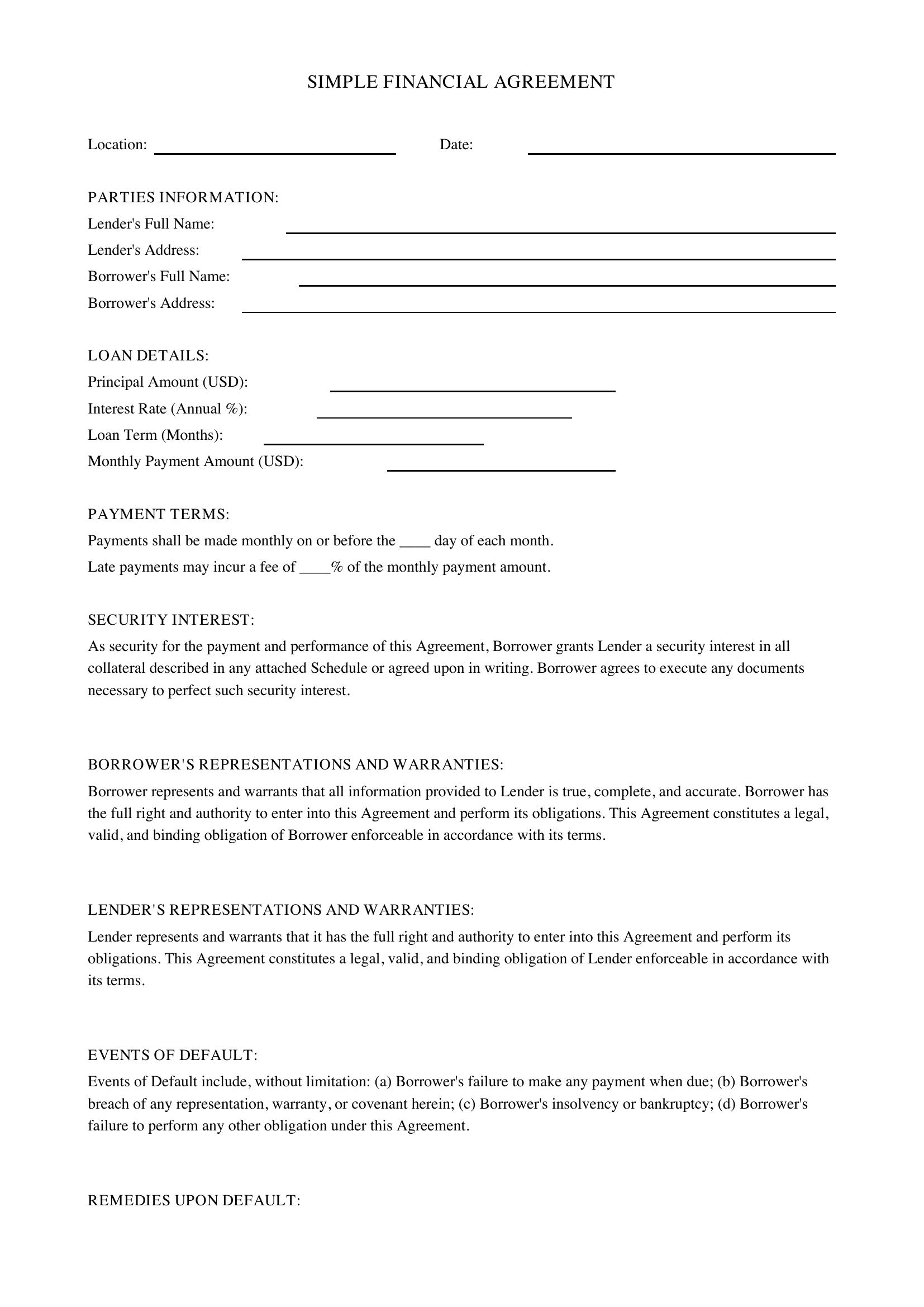 Simple Financial Agreement Template - US