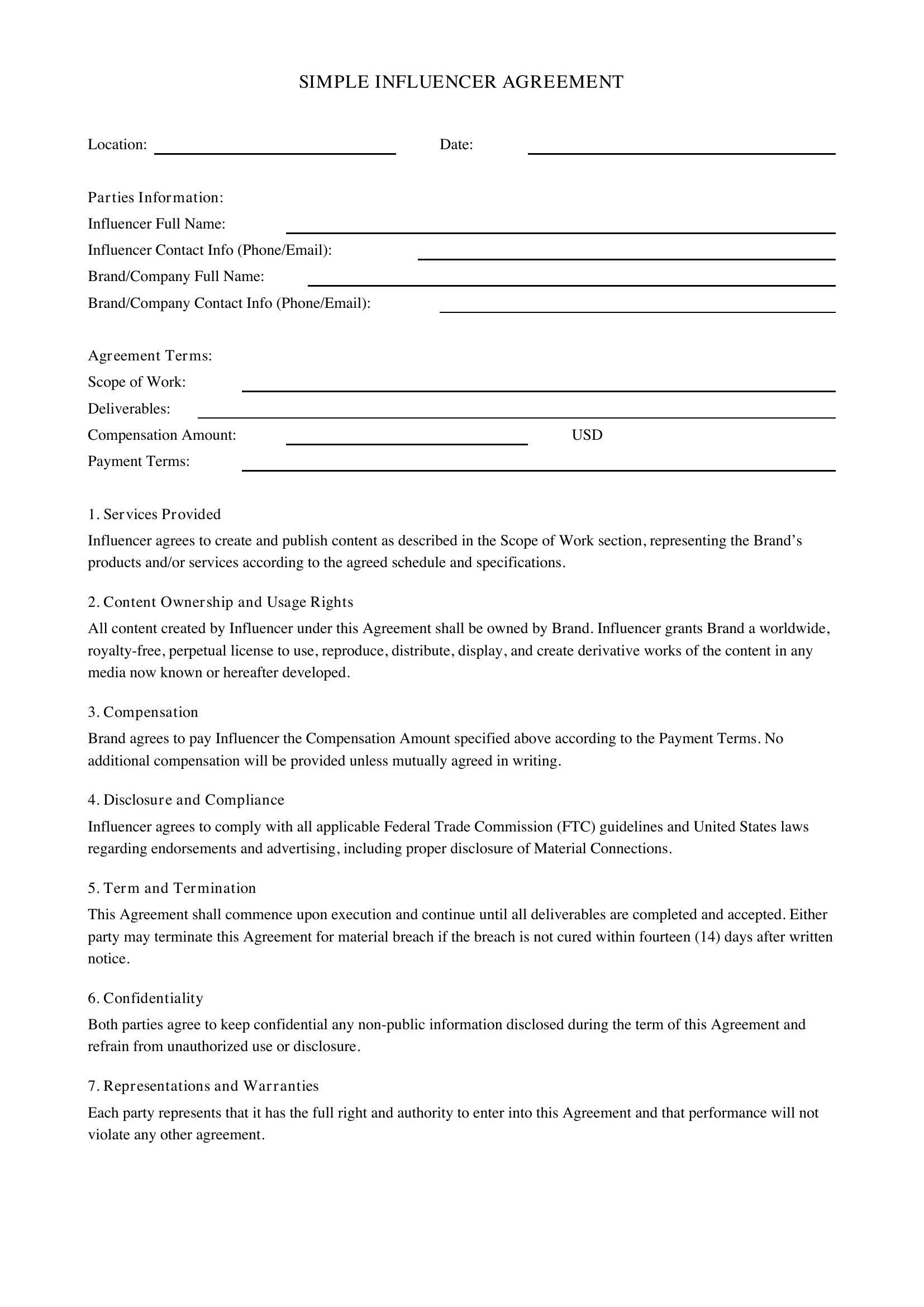 Simple Influencer Agreement Template - US