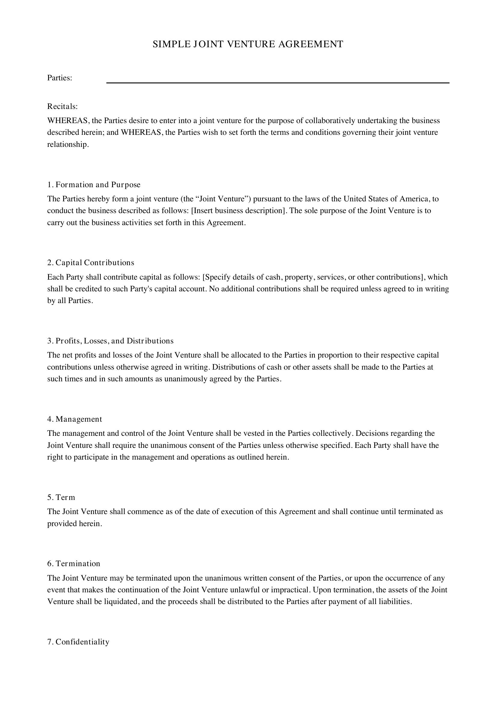Simple Joint Venture Agreement Template - US