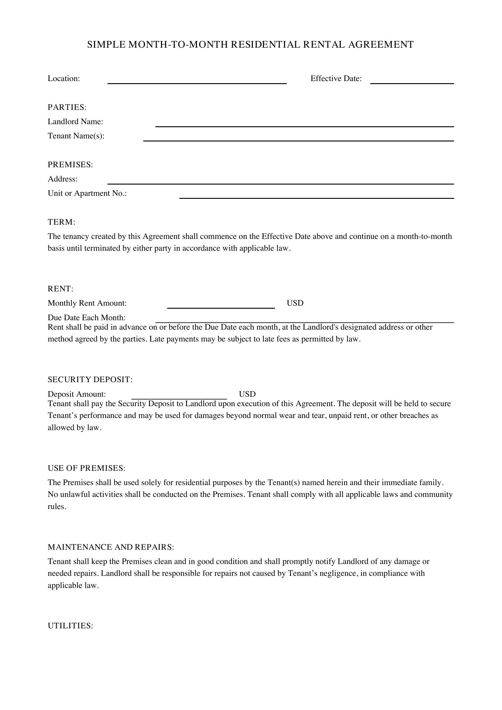 Simple Month To Month Rental Agreement Template - US