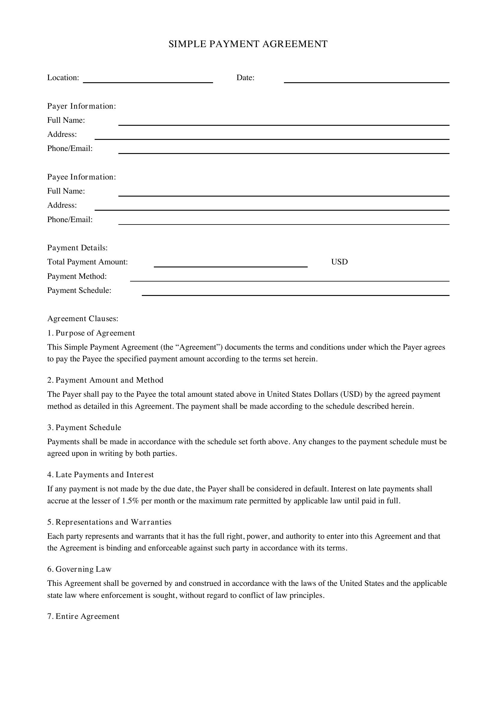 Simple Payment Agreement Template - US