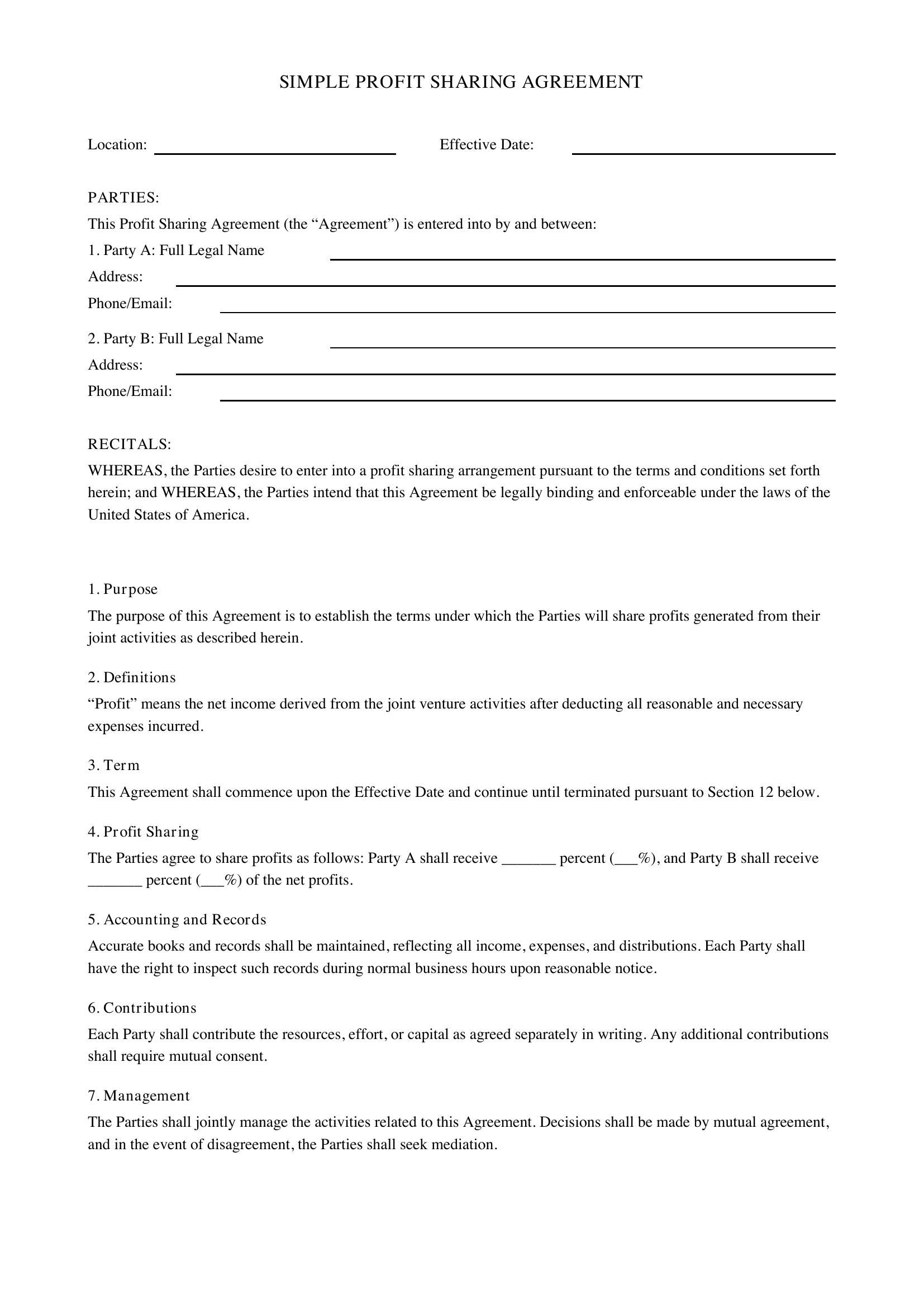 Simple Profit Sharing Agreement Template - US