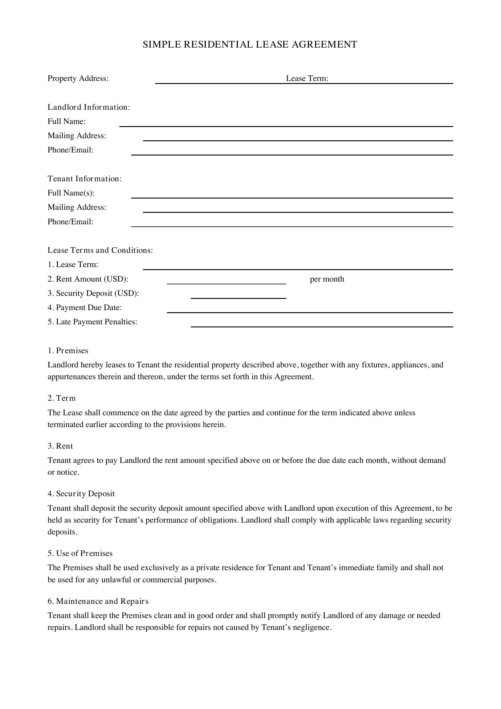 Simple Residential Lease Agreement Template - US