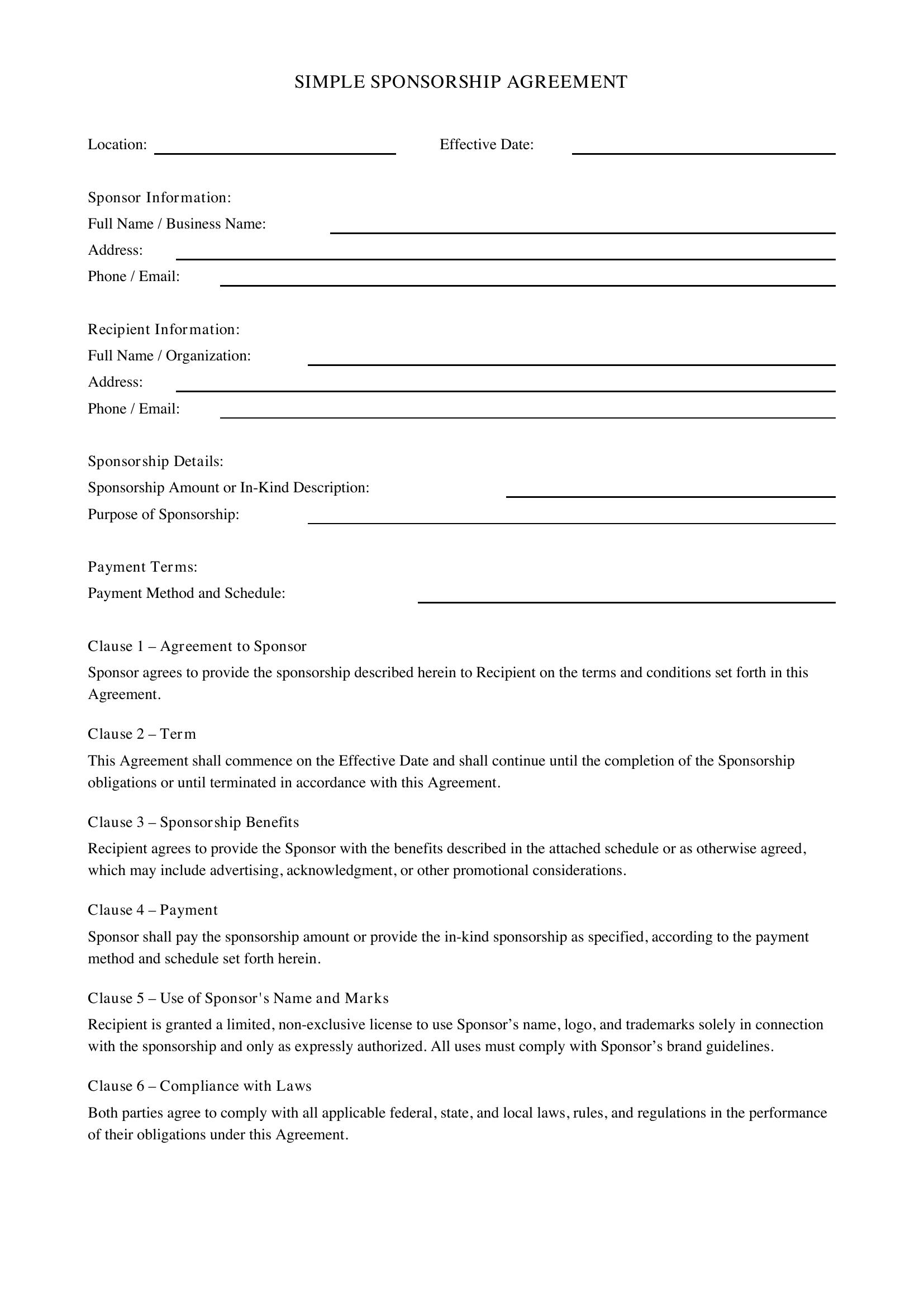 Simple Sponsorship Agreement Template - US