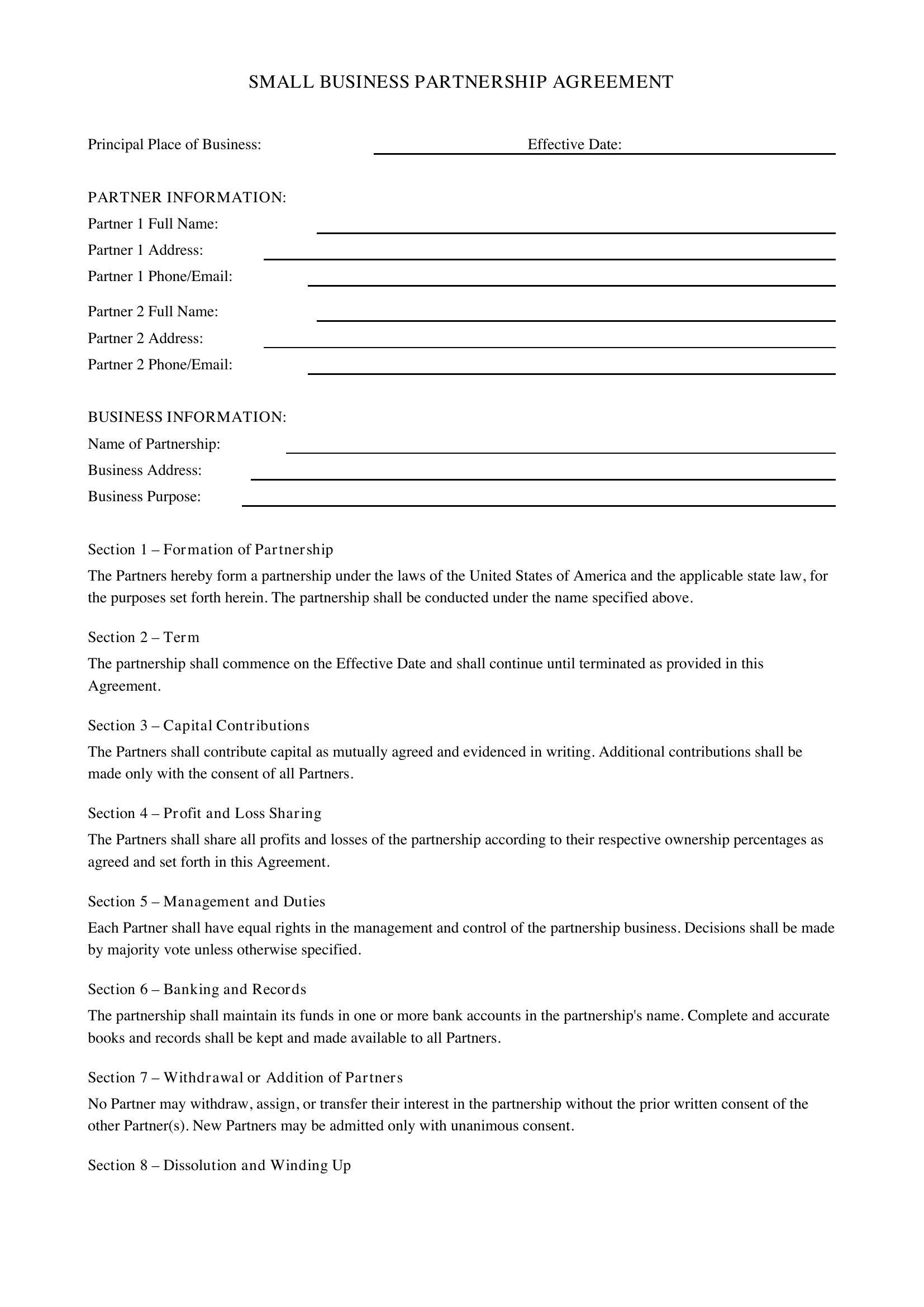 Small Business Partnership Agreement Template - US