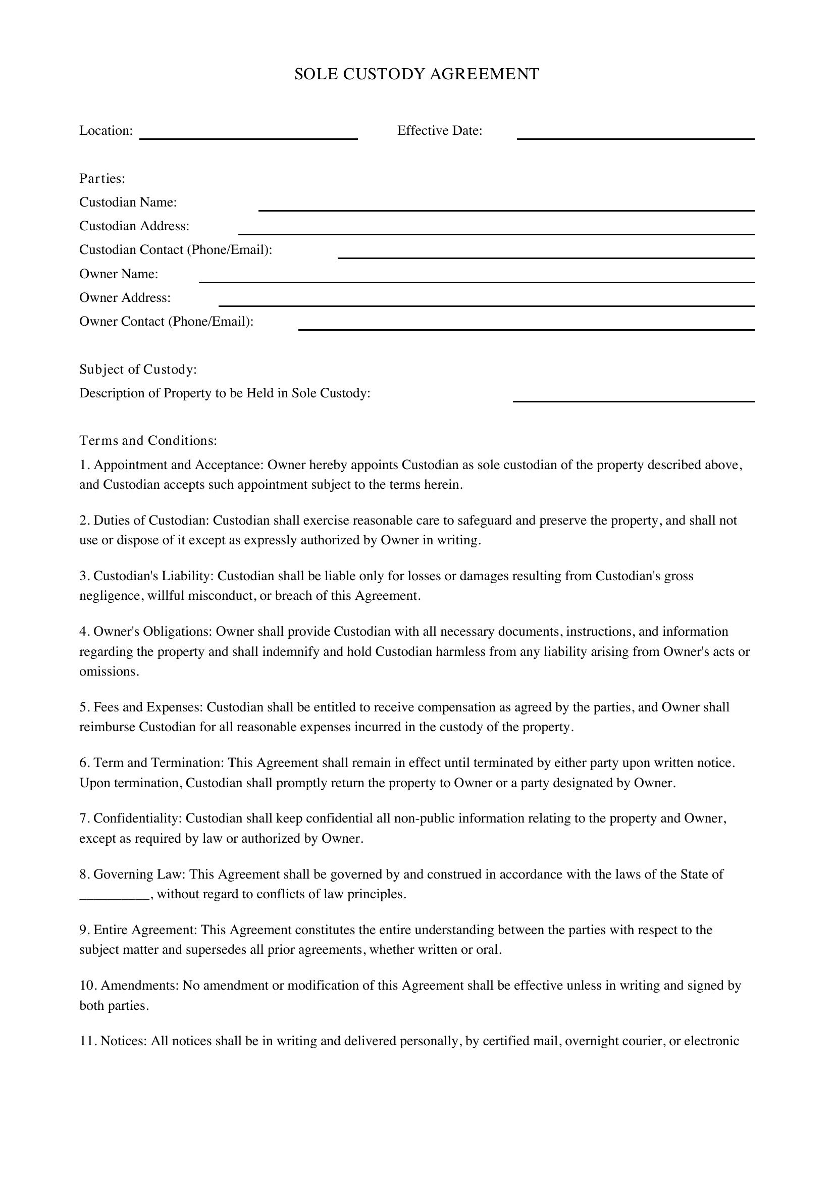 Sole Custody Agreement Template - US