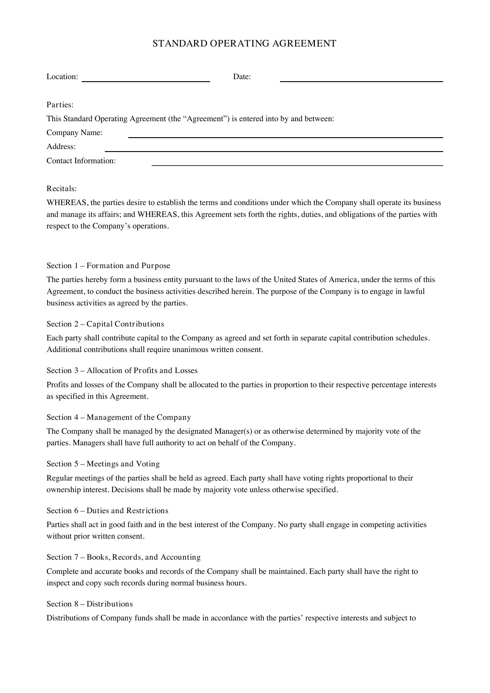 Standard Operating Agreement Template - US