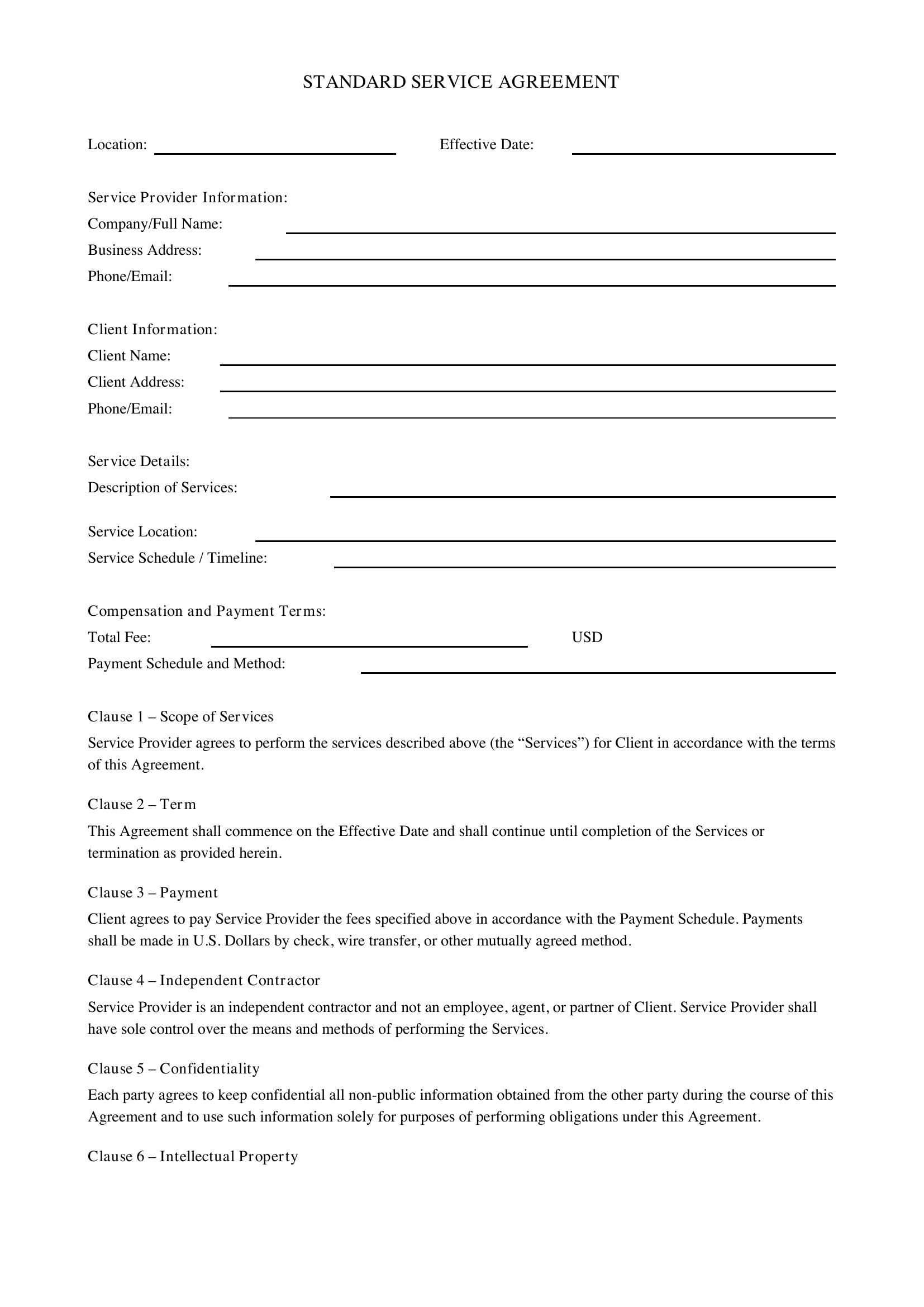 Standard Service Agreement Template - US