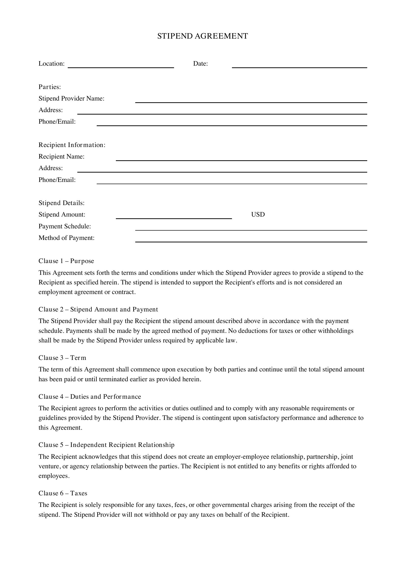 Stipend Agreement Template - US