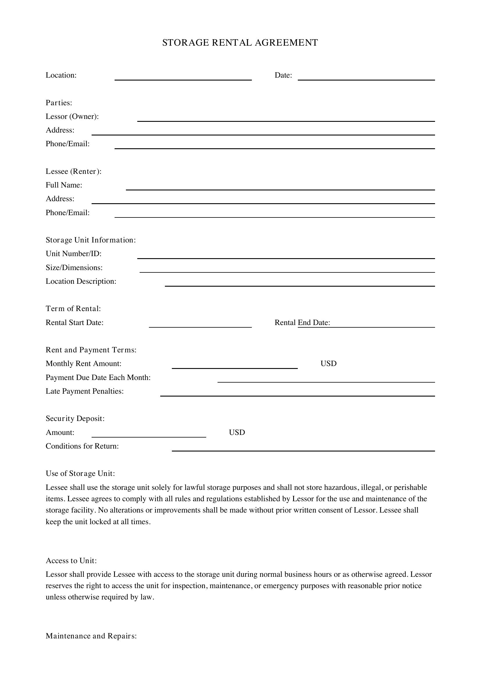 Storage Rental Agreement Template - US