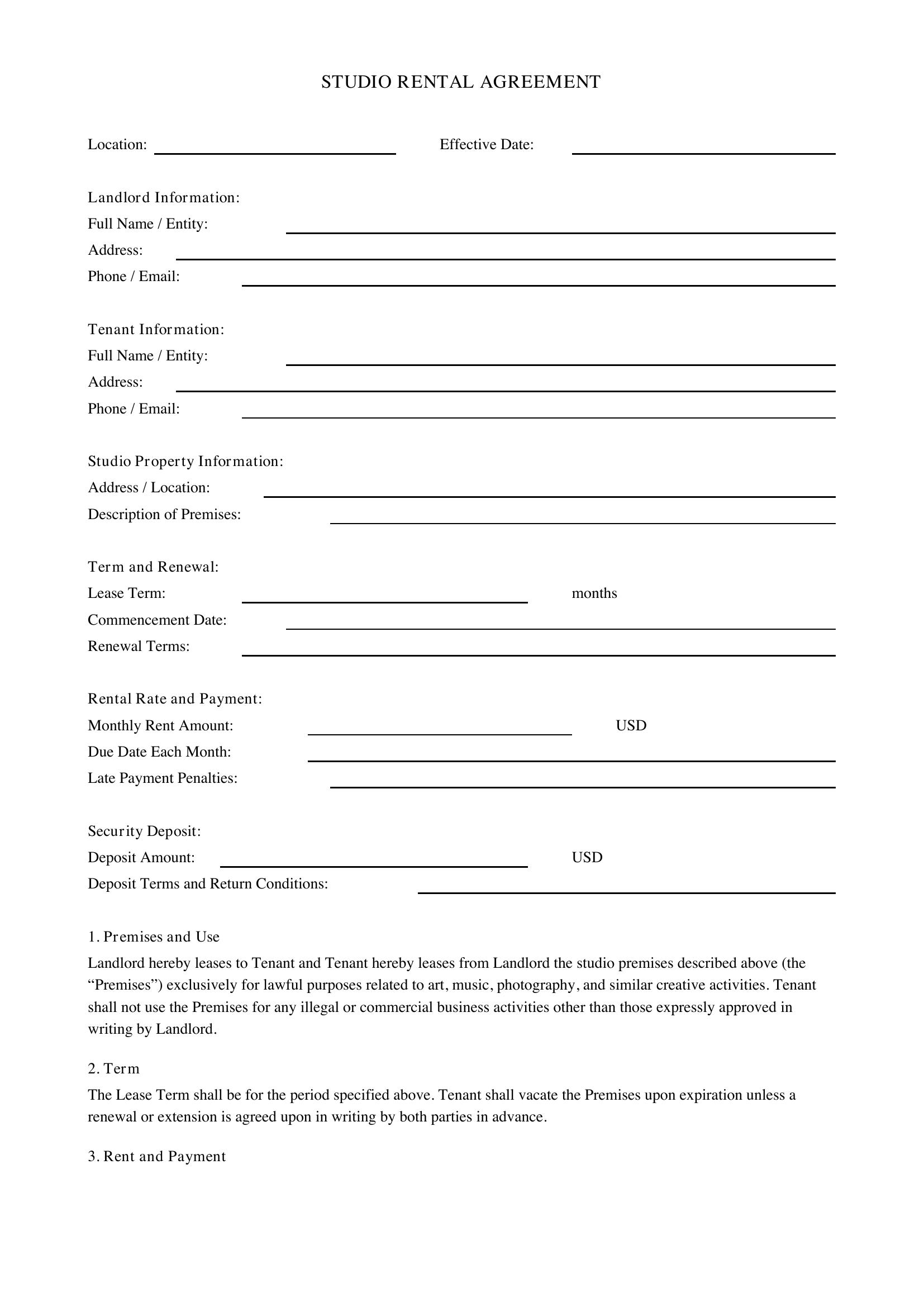 Studio Rental Agreement Template - US