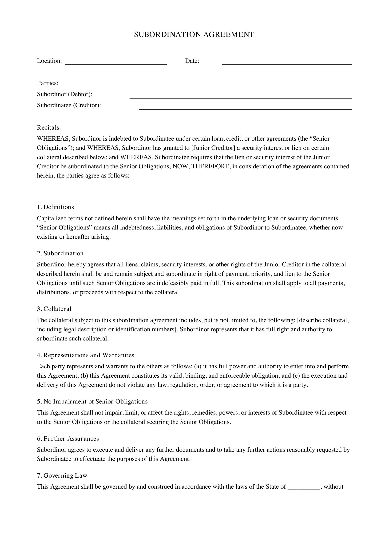 Subordination Agreement Template - US