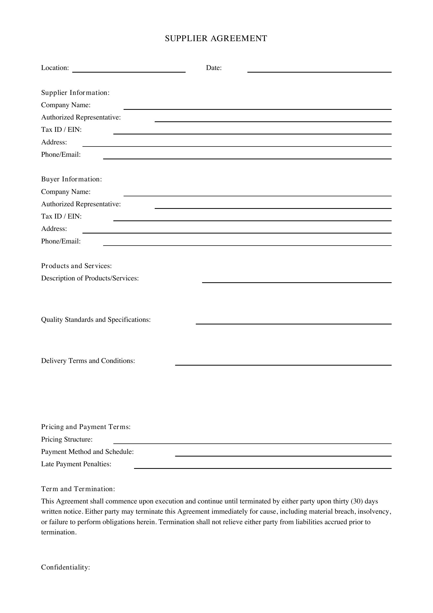 Supplier Agreement Template - US