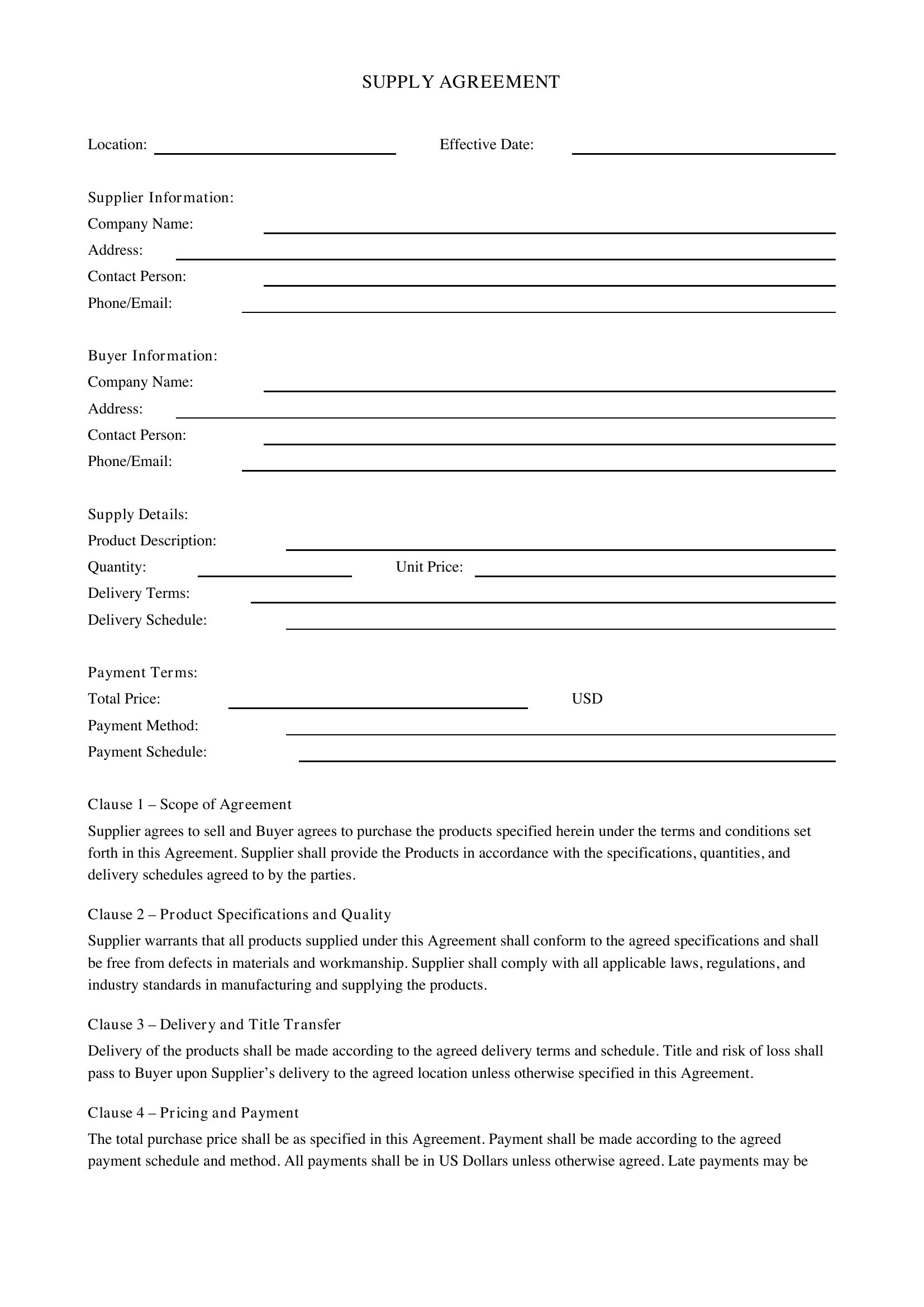Supply Agreement Template - US