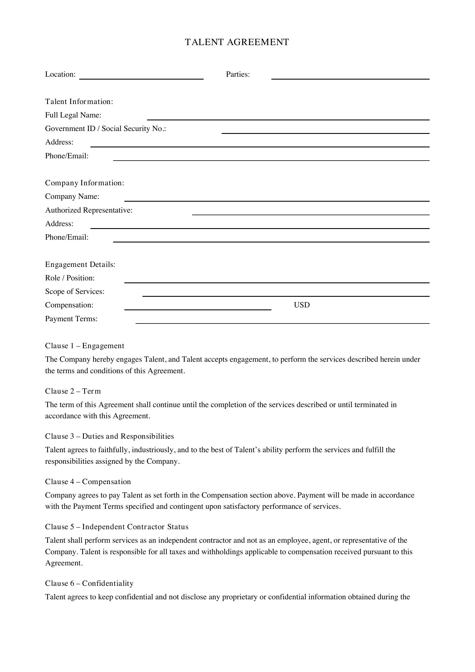Talent Agreement Template - US