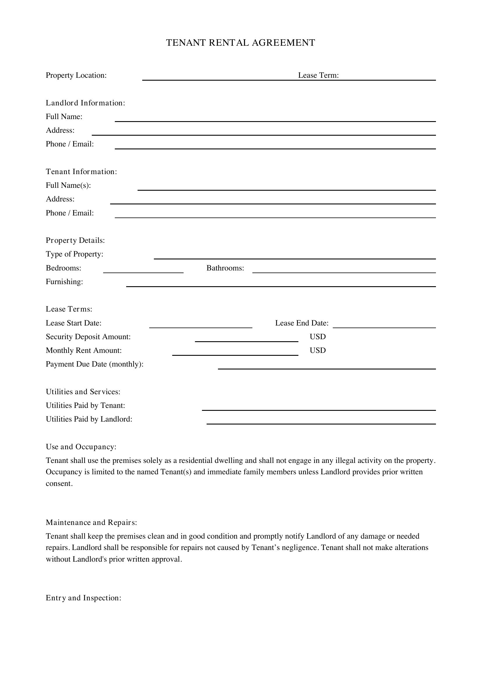 Tenant Rental Agreement Template - US