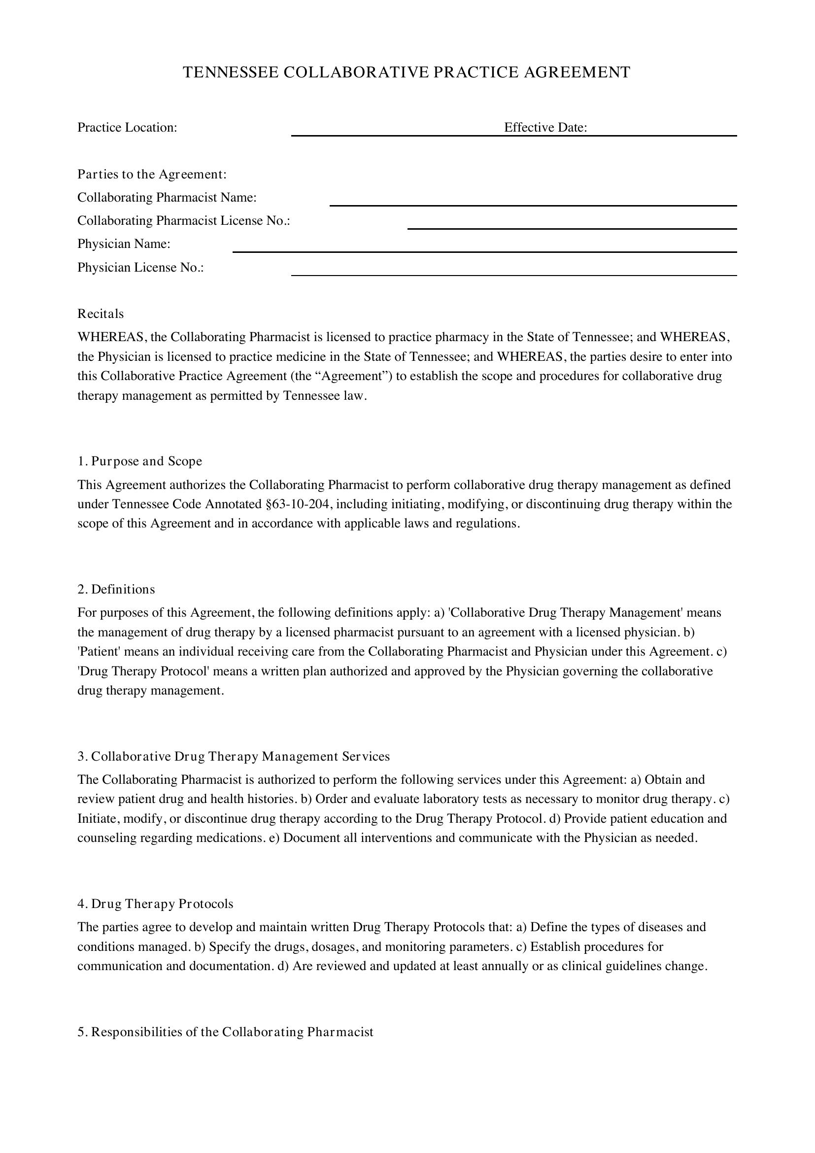 Tennessee Collaborative Practice Agreement Template - US