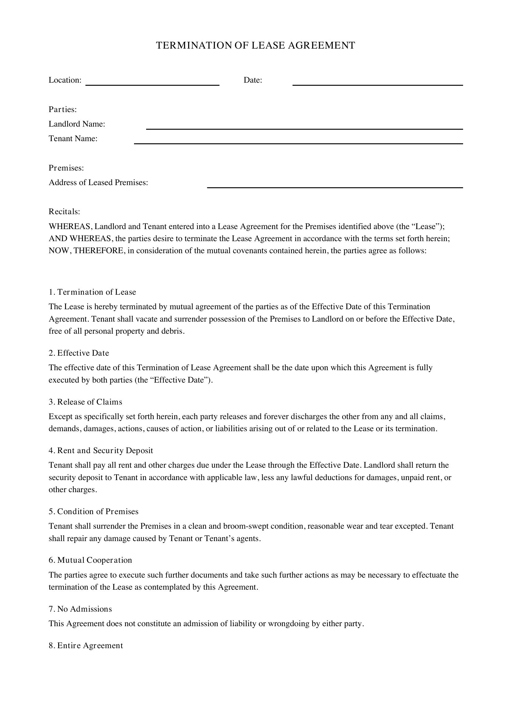 Termination Of Lease Agreement Template - US