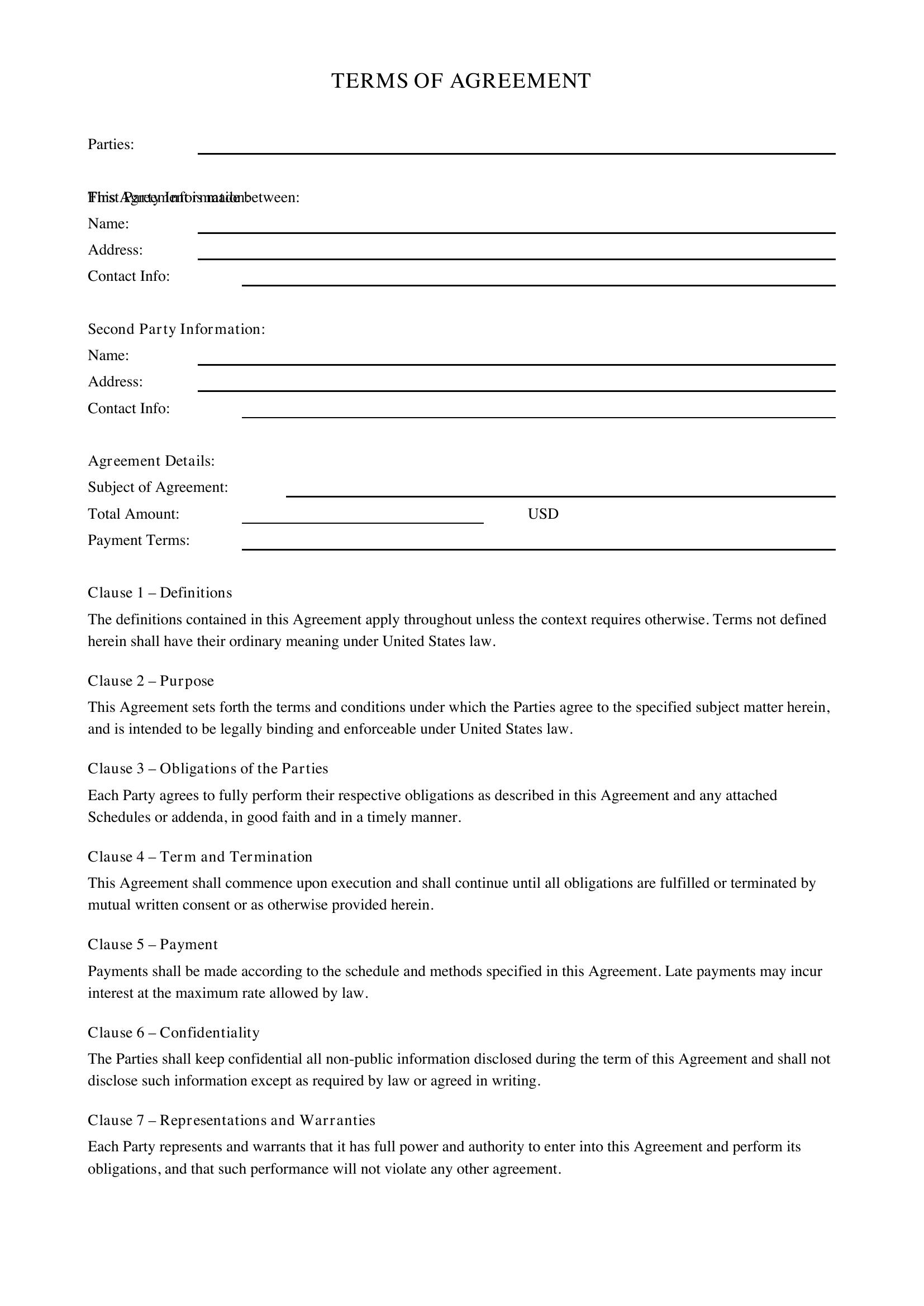Terms Of Agreement Template - US
