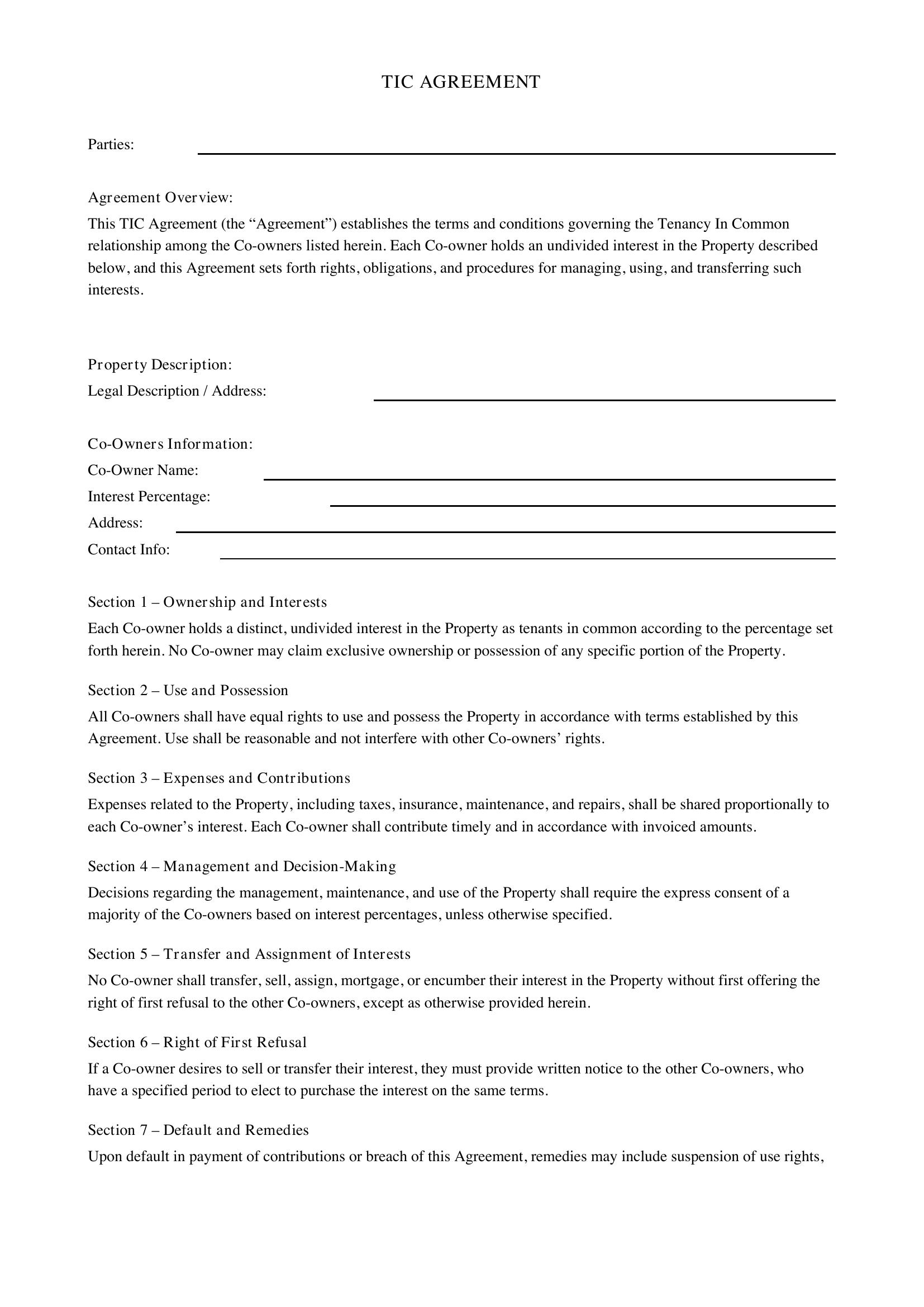 Tic Agreement Template - US
