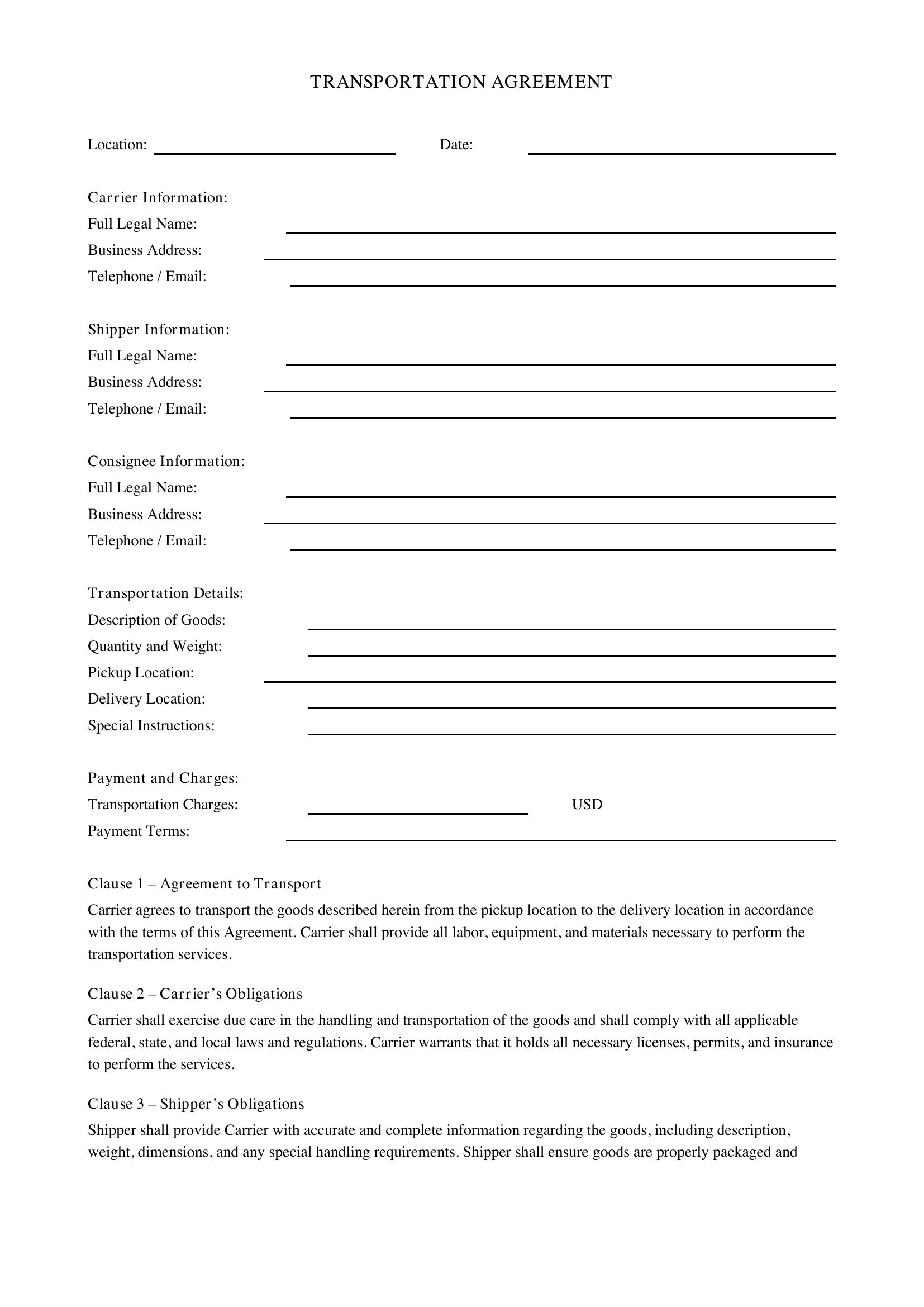 Transportation Agreement Template - US