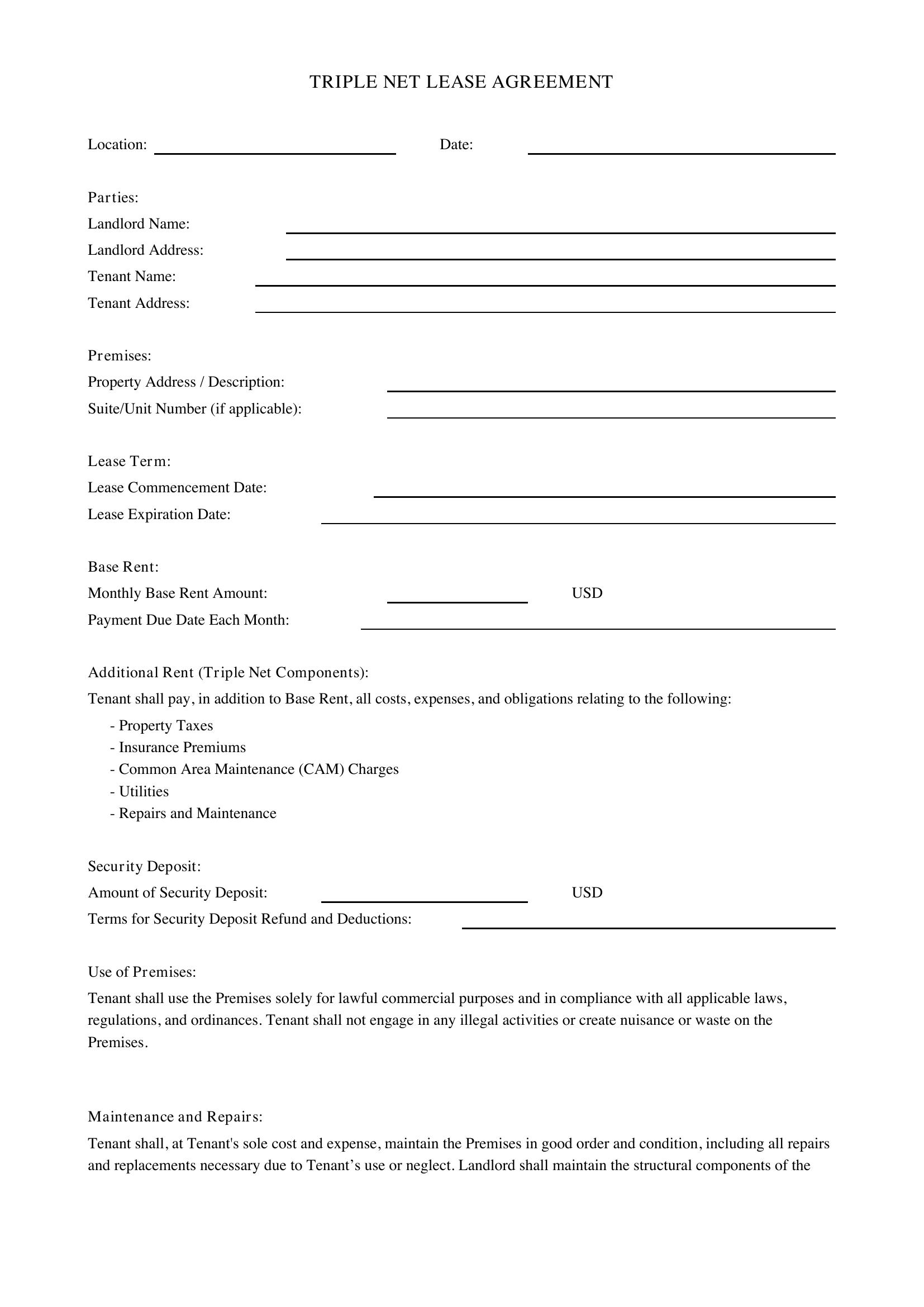 Triple Net Lease Agreement Template - US
