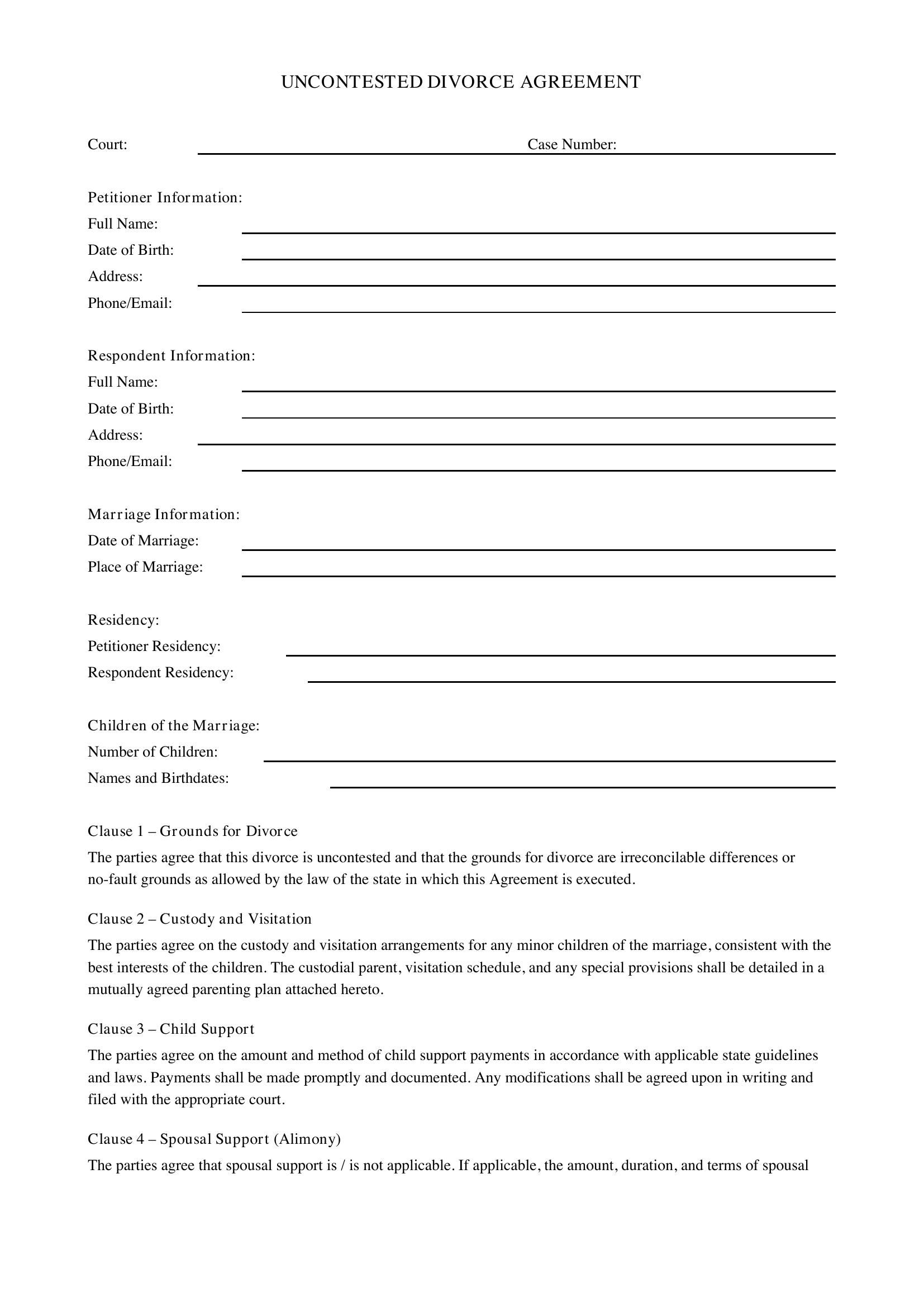 Uncontested Divorce Agreement Template - US