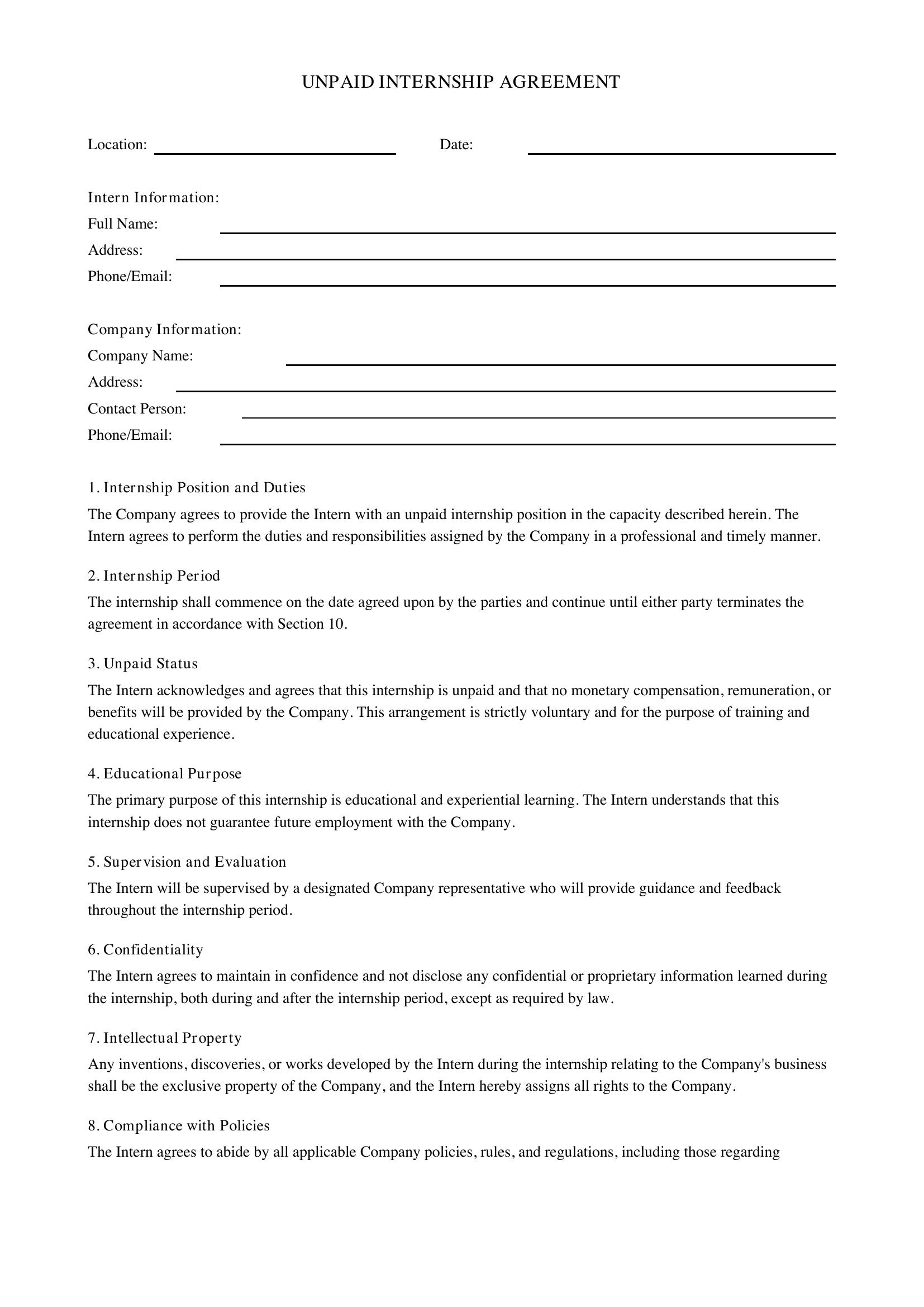 Unpaid Internship Agreement Template - US