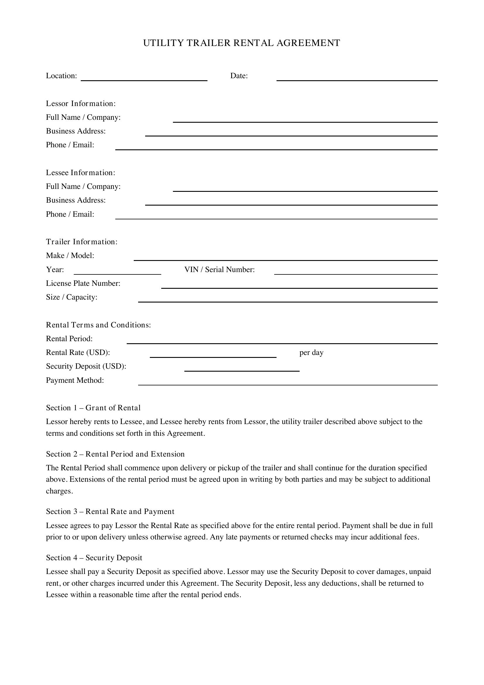Utility Trailer Rental Agreement Template - US